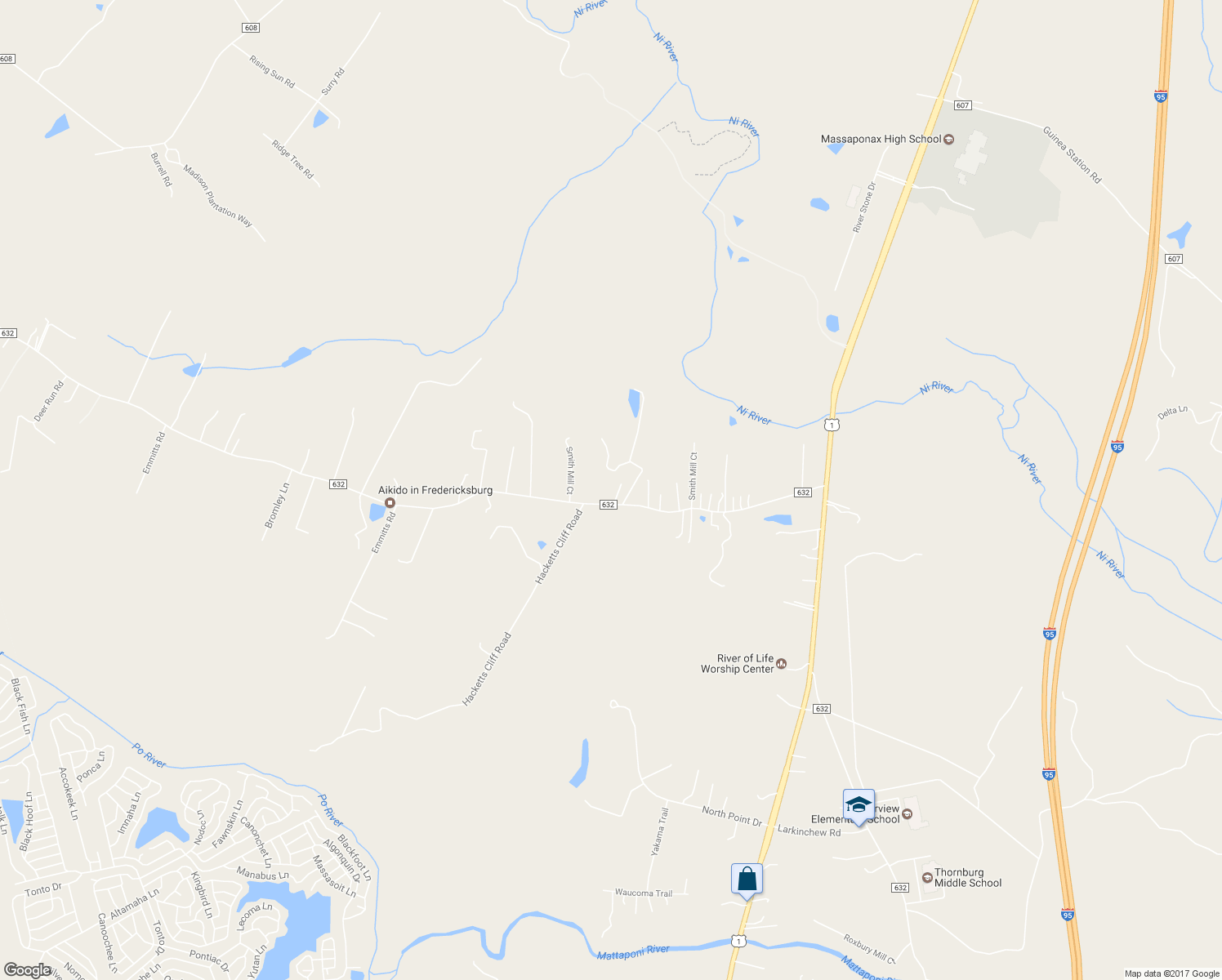 map of restaurants, bars, coffee shops, grocery stores, and more near 5725 Hickory Ridge Road in Spotsylvania