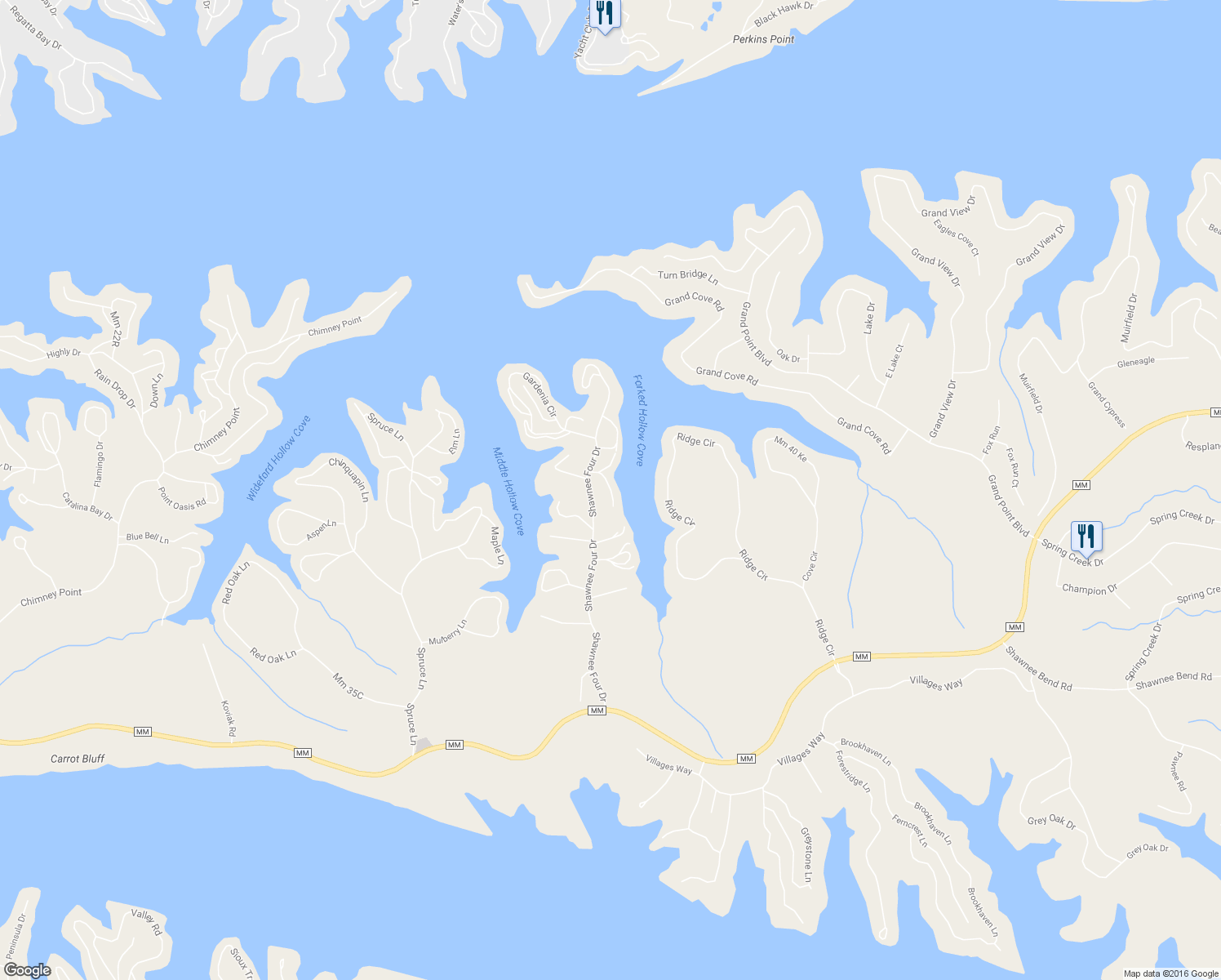 map of restaurants, bars, coffee shops, grocery stores, and more near Port Royale Drive in Sunrise Beach