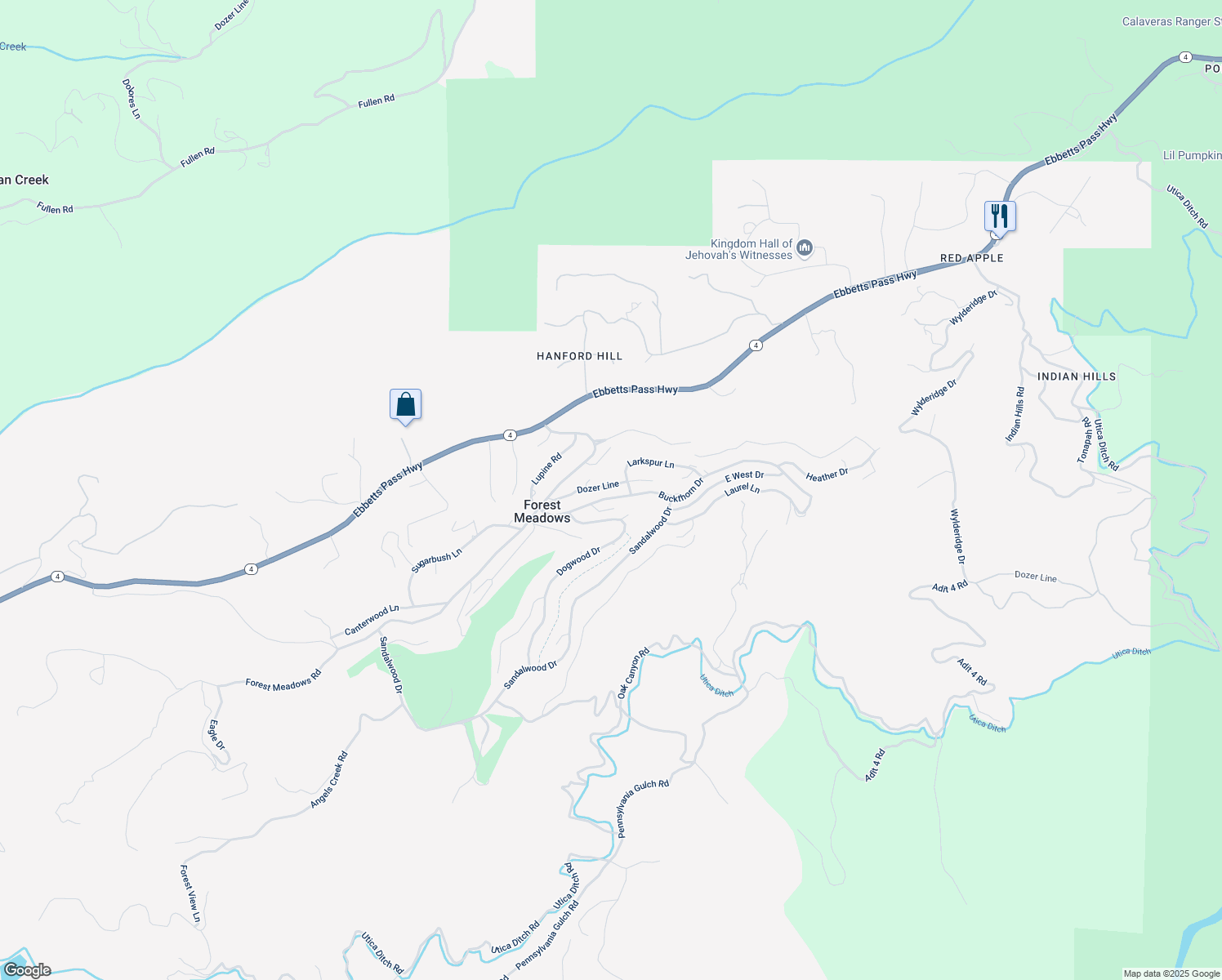 map of restaurants, bars, coffee shops, grocery stores, and more near 610 Larkspur Court in Murphys