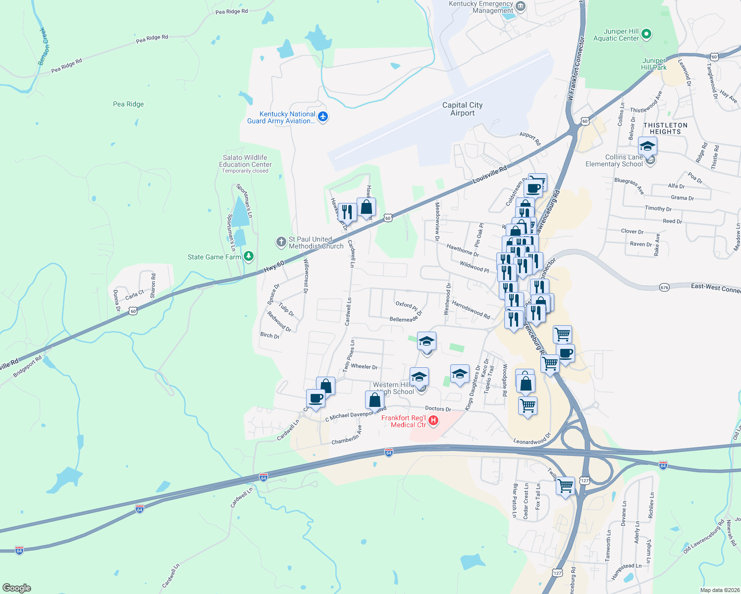 map of restaurants, bars, coffee shops, grocery stores, and more near 105 Cave Run Drive in Frankfort