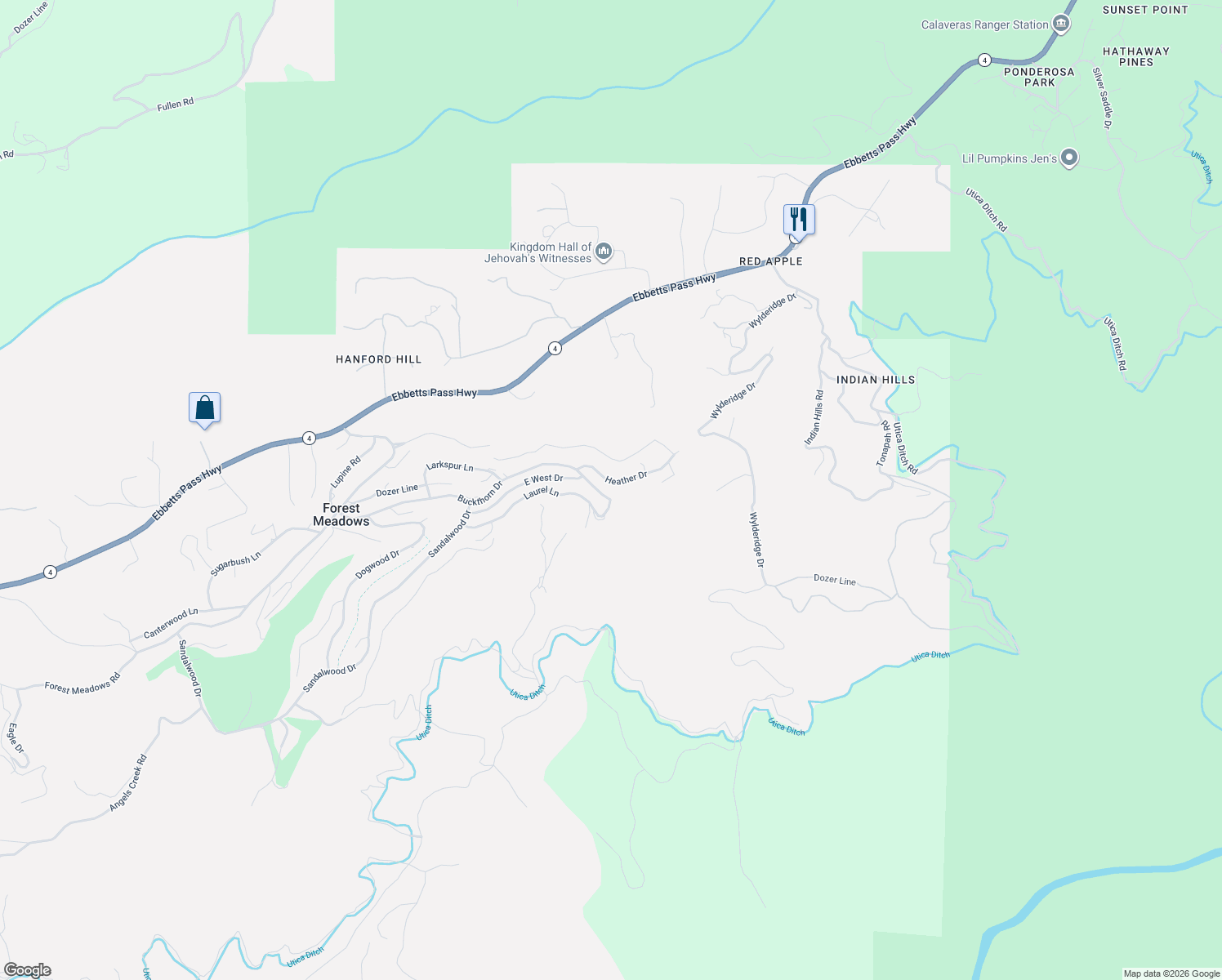 map of restaurants, bars, coffee shops, grocery stores, and more near 1154 Heather Drive in Murphys