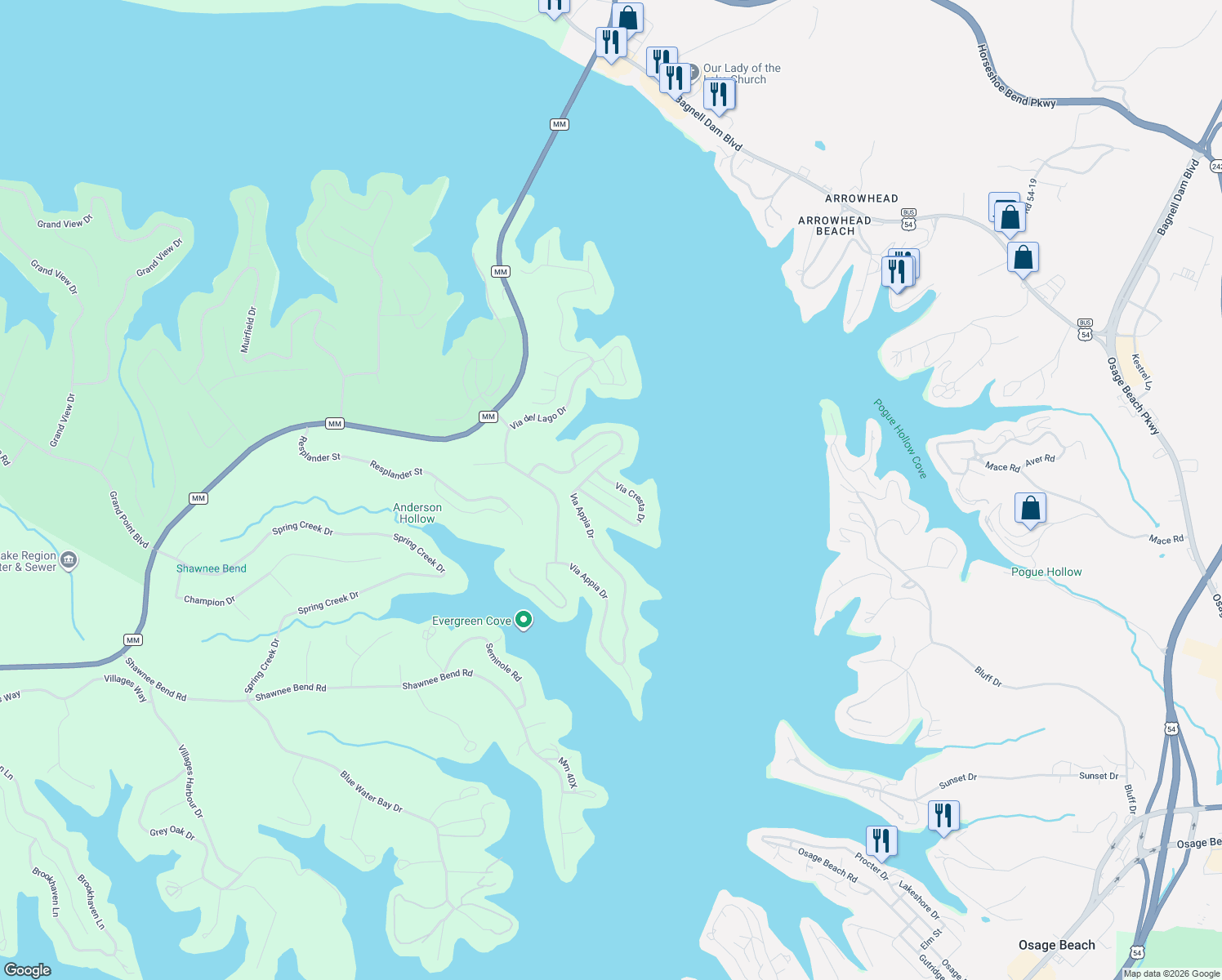map of restaurants, bars, coffee shops, grocery stores, and more near Qunta Grande Drive in Sunrise Beach