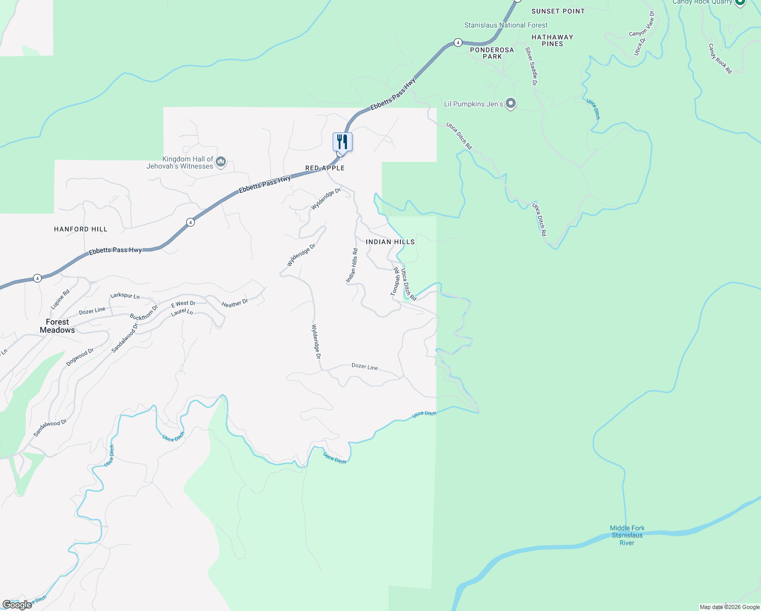 map of restaurants, bars, coffee shops, grocery stores, and more near 5617 Indian Hills Road in Murphys