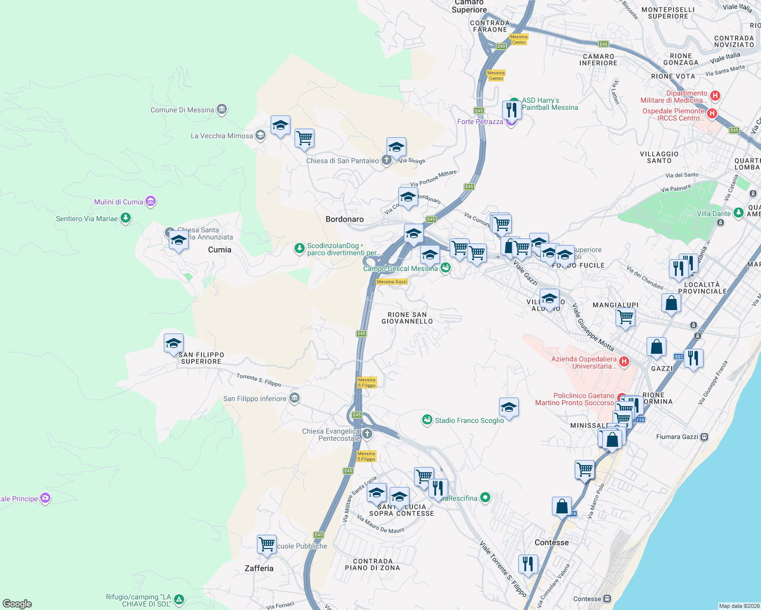 map of restaurants, bars, coffee shops, grocery stores, and more near 11 Strada Comunale Per San Giovannello in Messina