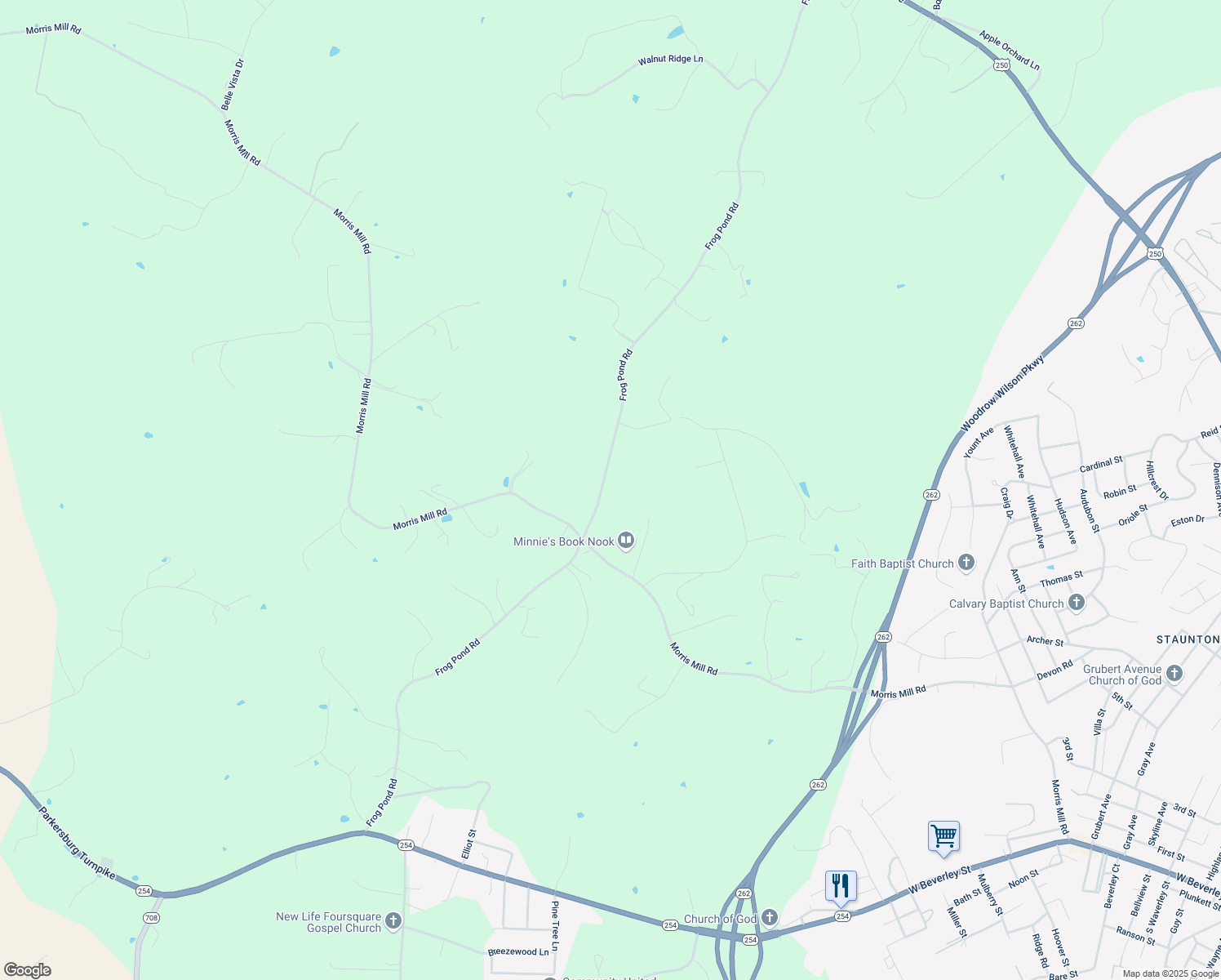 map of restaurants, bars, coffee shops, grocery stores, and more near 682 Frog Pond Road in Staunton