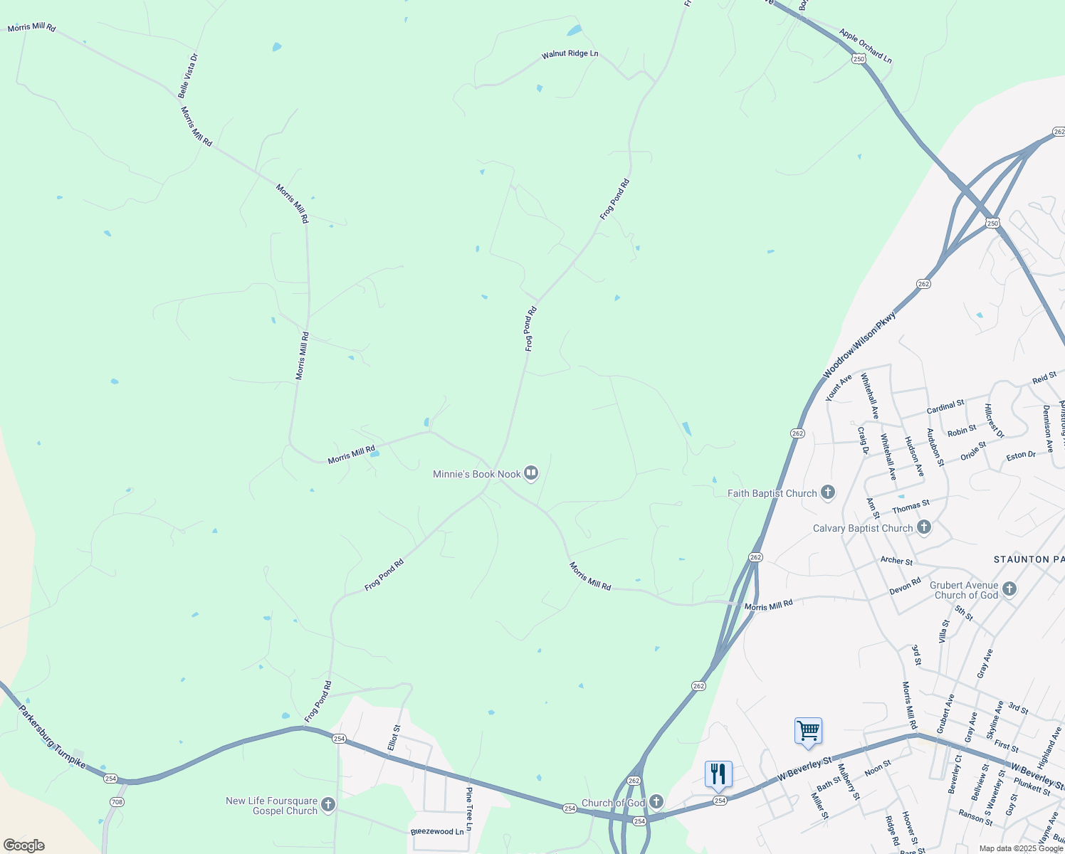 map of restaurants, bars, coffee shops, grocery stores, and more near 682 Frog Pond Road in Staunton