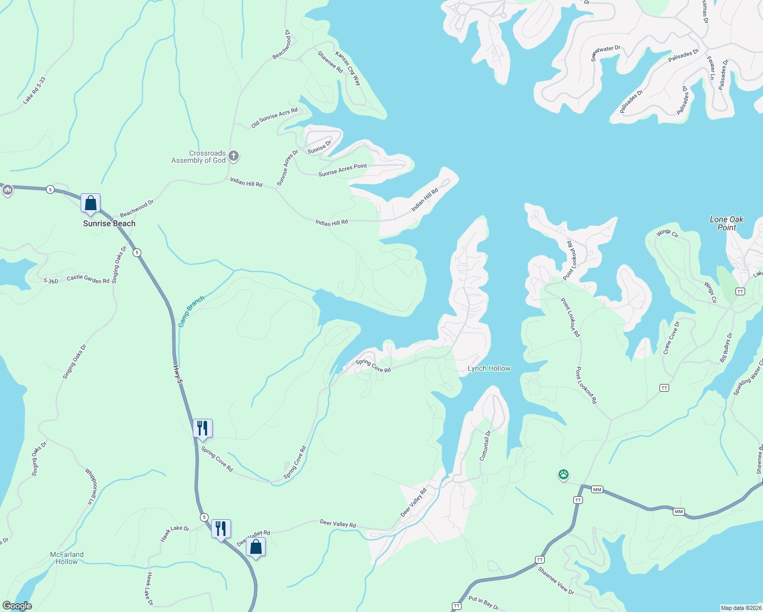 map of restaurants, bars, coffee shops, grocery stores, and more near 298 Huckleberry Hill Court in Sunrise Beach