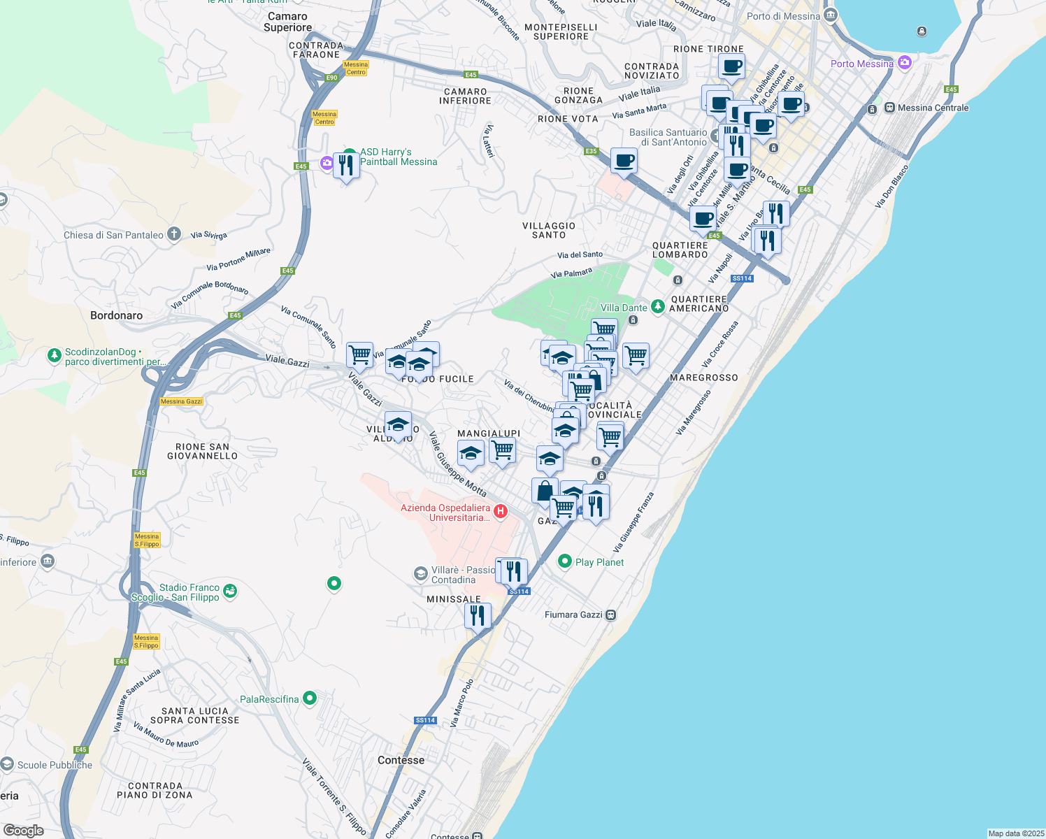map of restaurants, bars, coffee shops, grocery stores, and more near 25 Via 40 D in Messina