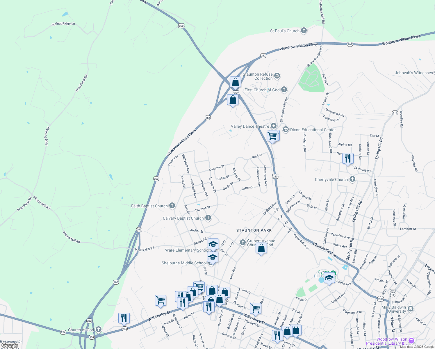 map of restaurants, bars, coffee shops, grocery stores, and more near 521 Robin St in Staunton