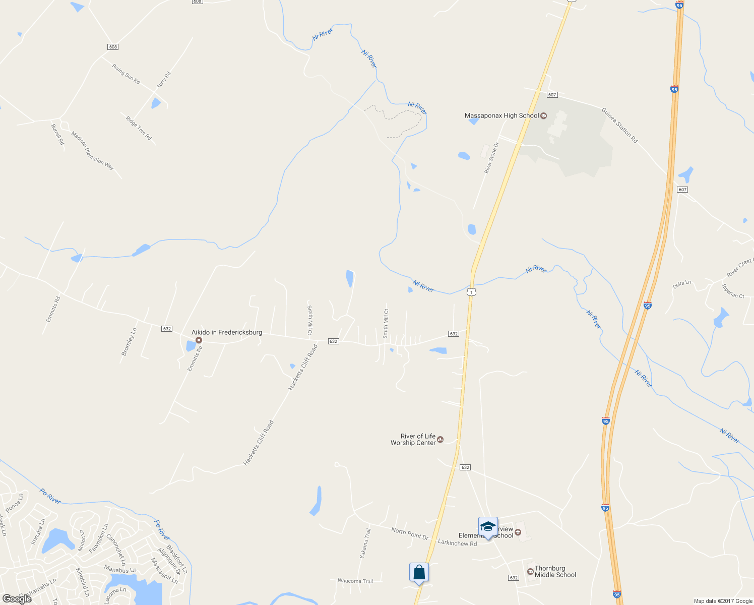 map of restaurants, bars, coffee shops, grocery stores, and more near 7700 Smith Mill Court in Spotsylvania Courthouse