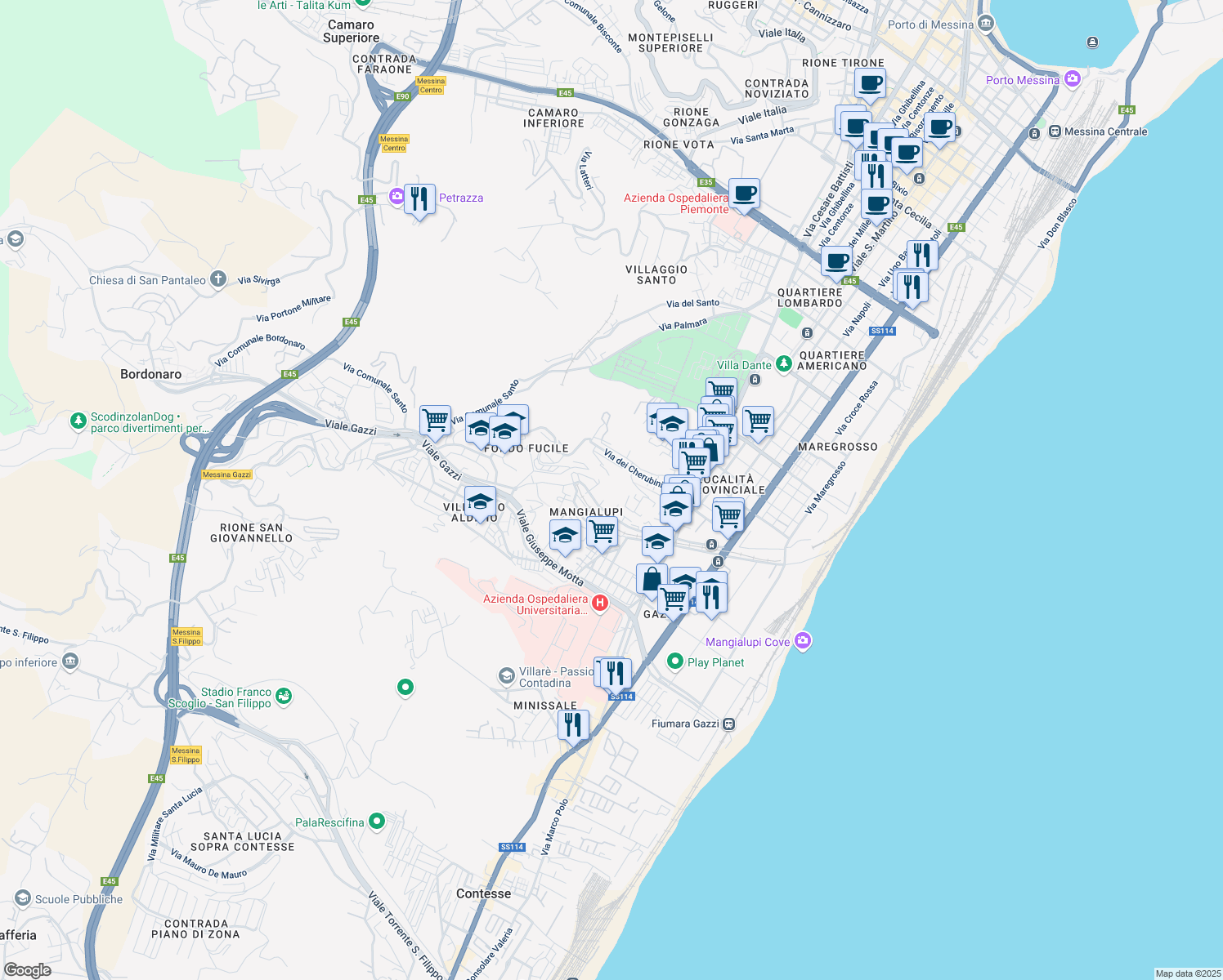 map of restaurants, bars, coffee shops, grocery stores, and more near 25 Via 40 D in Messina
