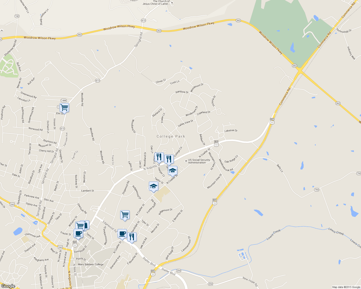 map of restaurants, bars, coffee shops, grocery stores, and more near 437 College Circle in Staunton