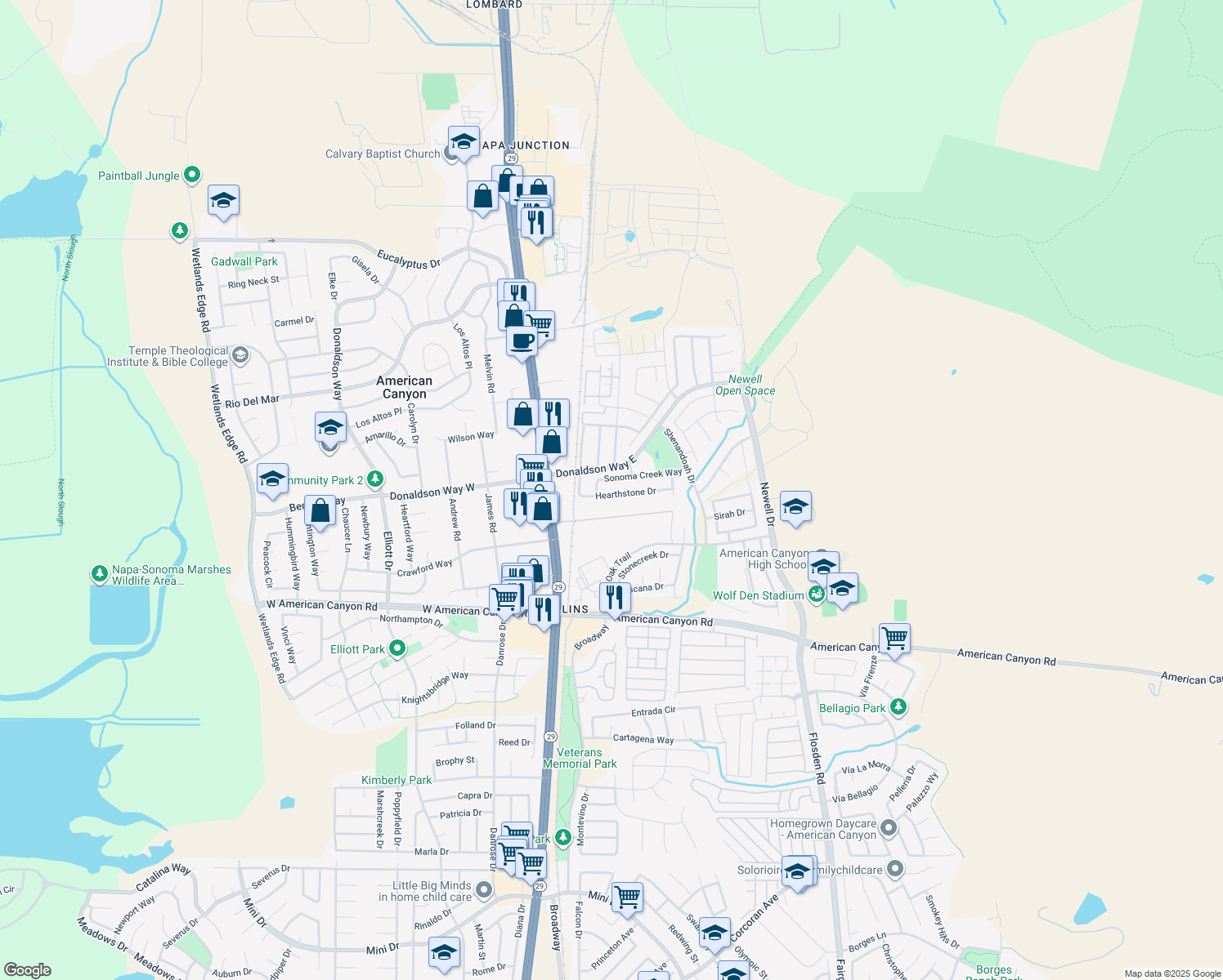 map of restaurants, bars, coffee shops, grocery stores, and more near 170 Hearthstone Drive in American Canyon