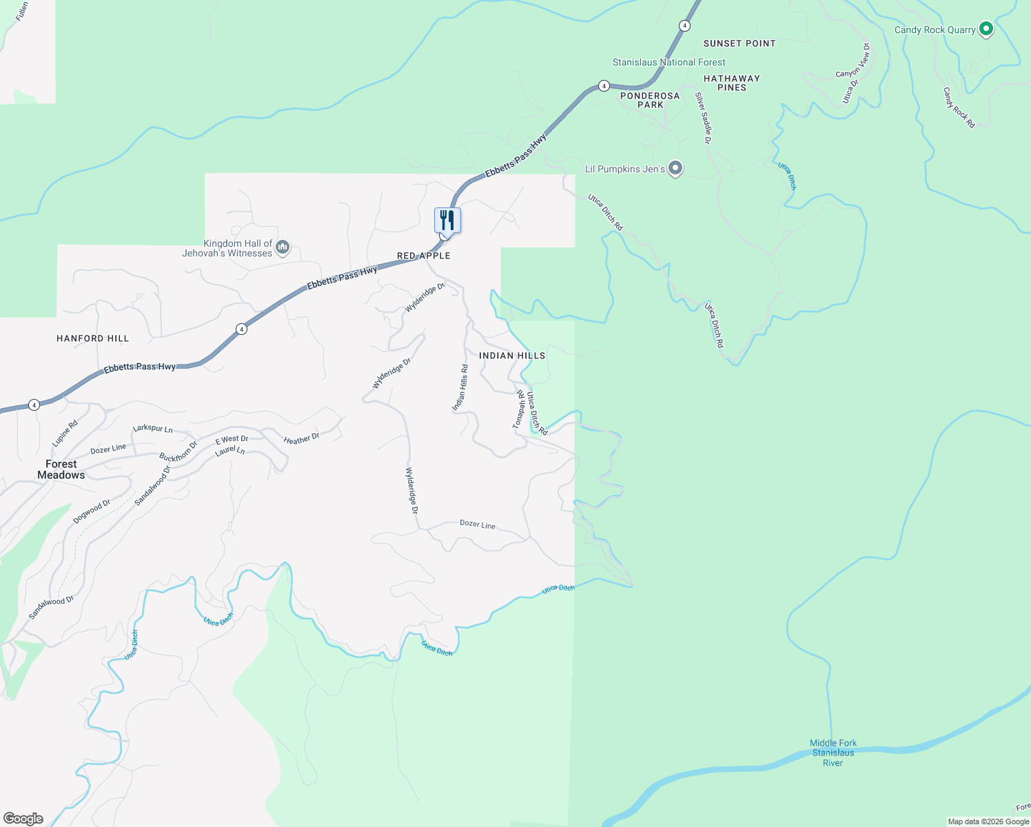 map of restaurants, bars, coffee shops, grocery stores, and more near 5502 Tonapah Road in Murphys