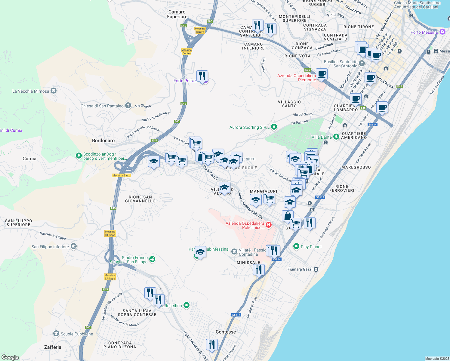 map of restaurants, bars, coffee shops, grocery stores, and more near 8 Via Andrea Di Anfuso in Messina
