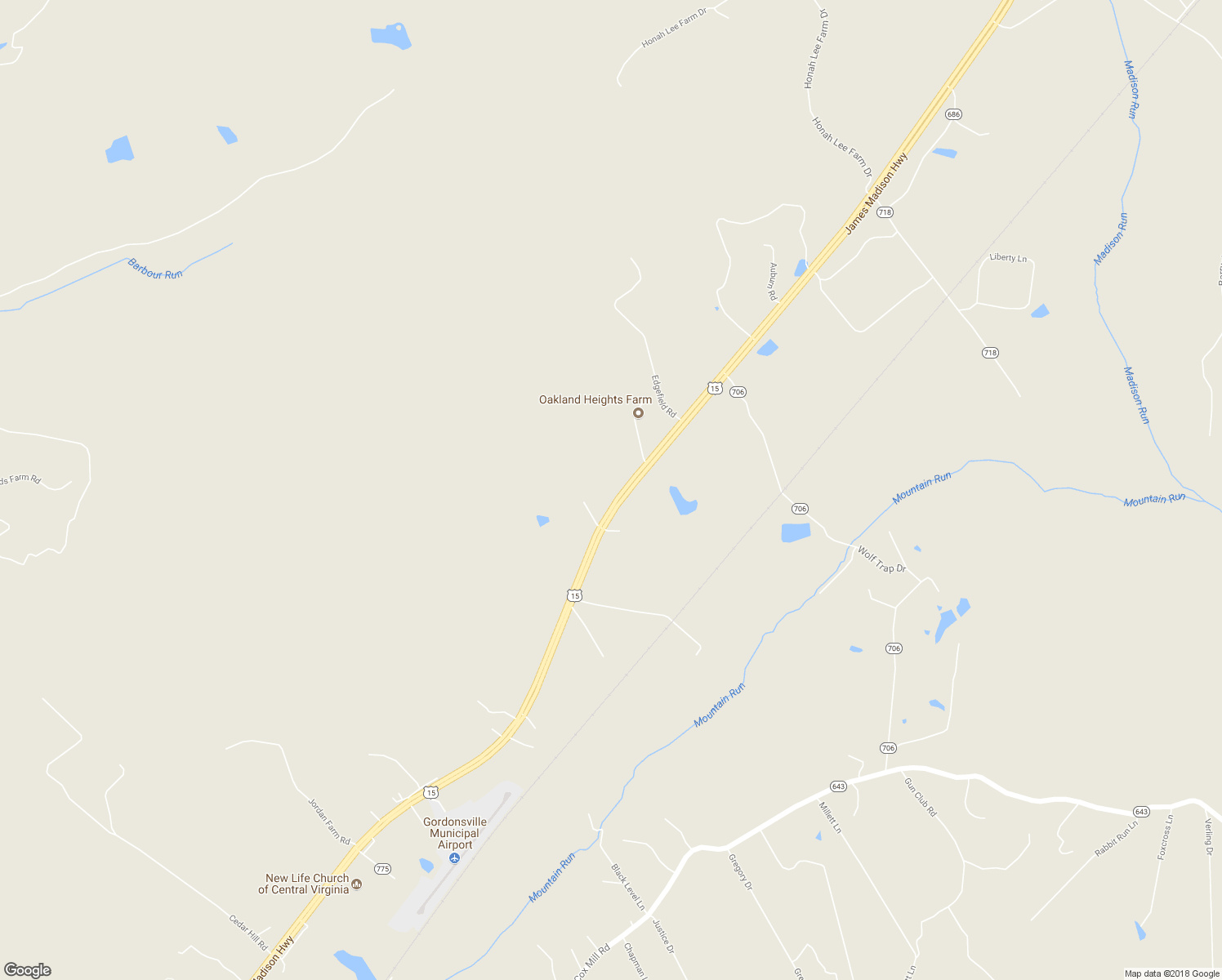 map of restaurants, bars, coffee shops, grocery stores, and more near 17178 James Madison Highway in Gordonsville