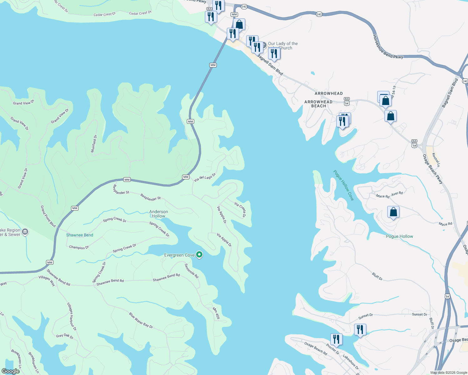 map of restaurants, bars, coffee shops, grocery stores, and more near 1498 Via Appia Drive in Sunrise Beach