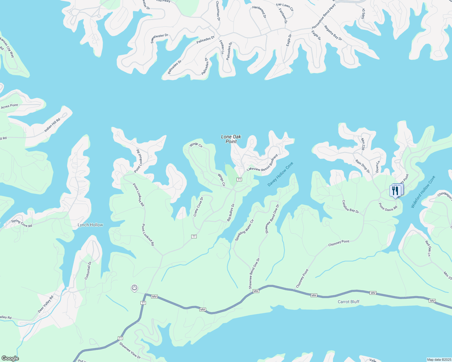 map of restaurants, bars, coffee shops, grocery stores, and more near 2935 State Road Tt in Sunrise Beach