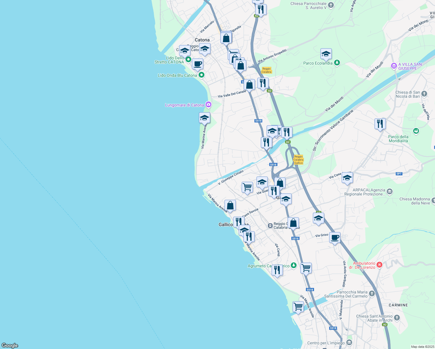 map of restaurants, bars, coffee shops, grocery stores, and more near 55 Via Fontanella in Reggio Calabria