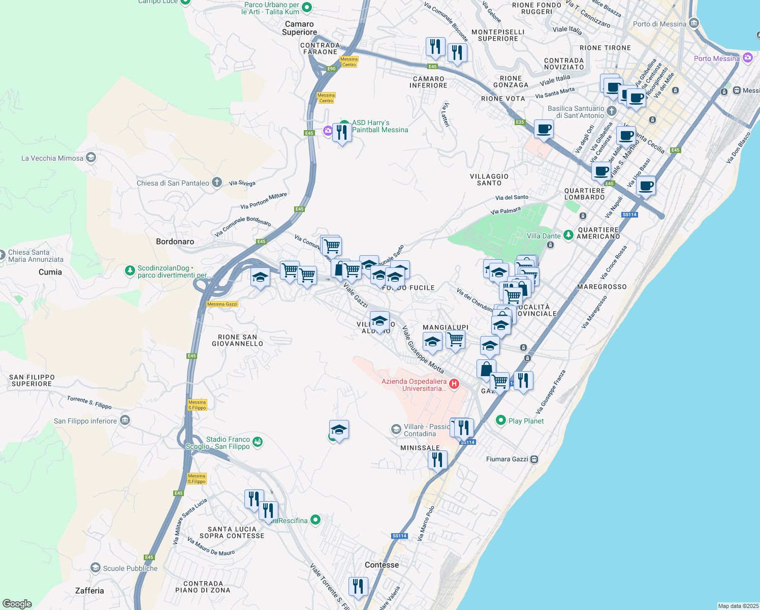 map of restaurants, bars, coffee shops, grocery stores, and more near 8 Via Andrea di Anfuso in Messina