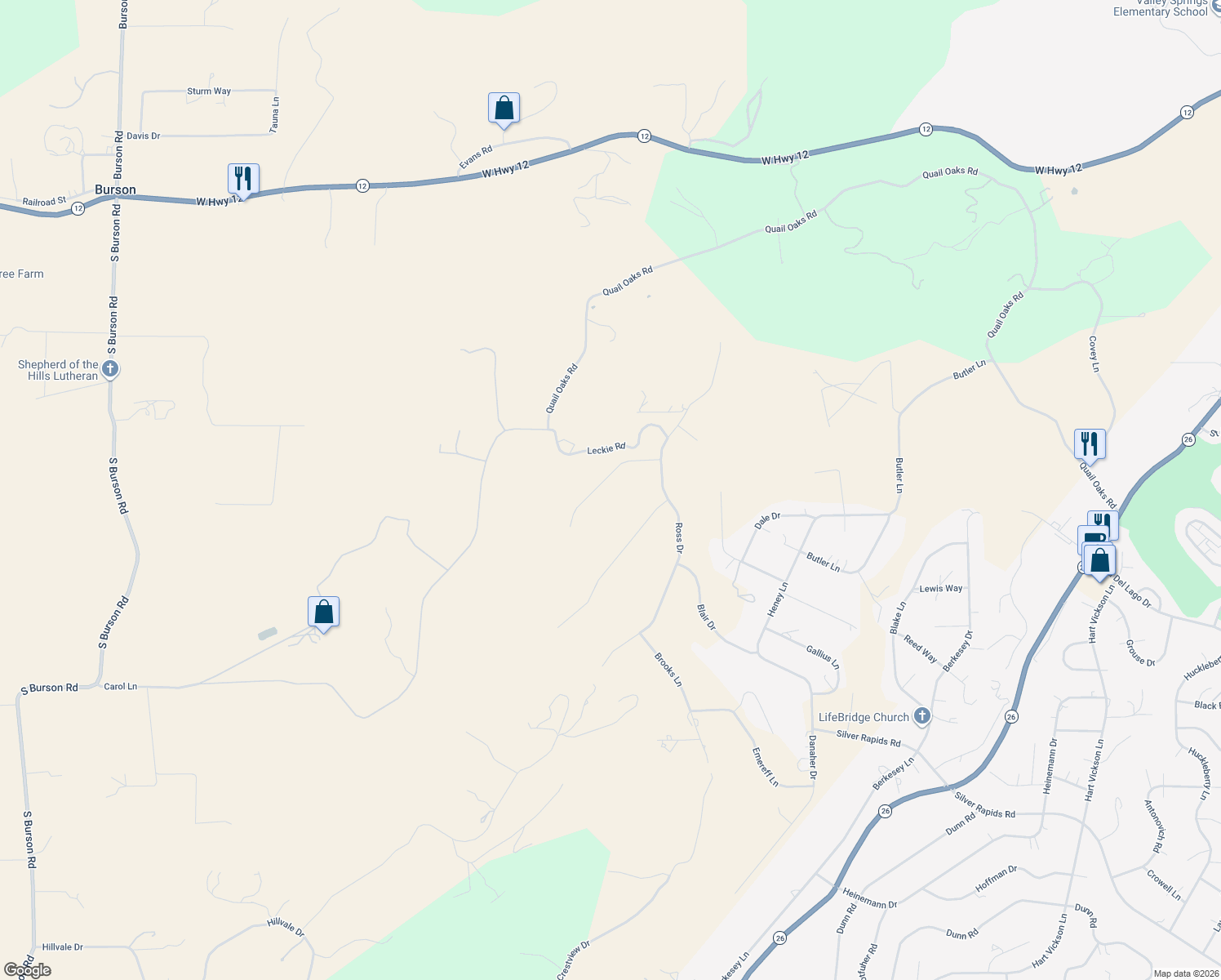 map of restaurants, bars, coffee shops, grocery stores, and more near 3201-3235 Hagen Road in Valley Springs