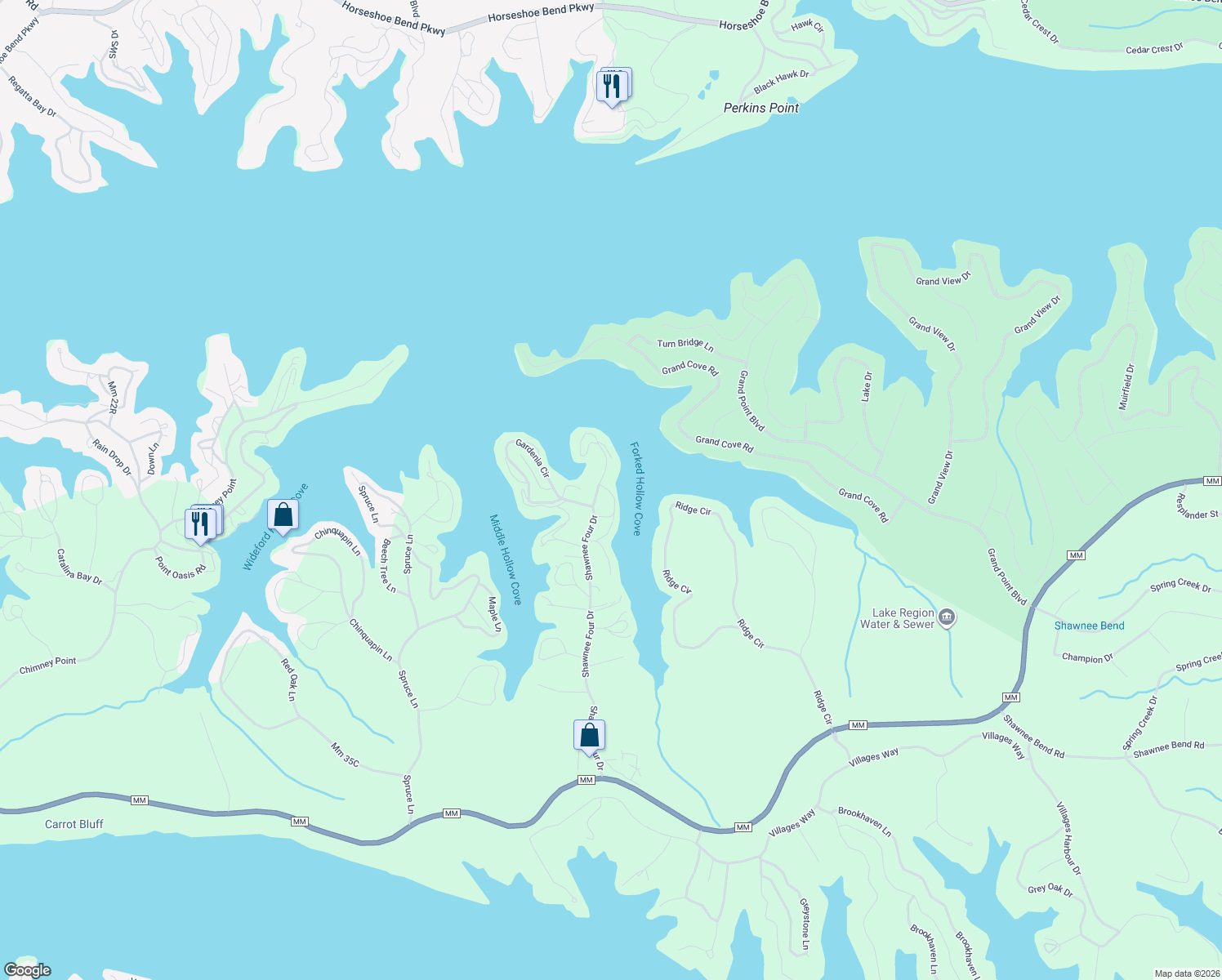 map of restaurants, bars, coffee shops, grocery stores, and more near Shawnee Four Drive in Sunrise Beach