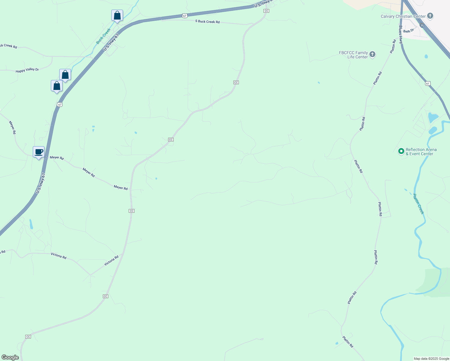 map of restaurants, bars, coffee shops, grocery stores, and more near 1065 Maple Ridge Road in Festus