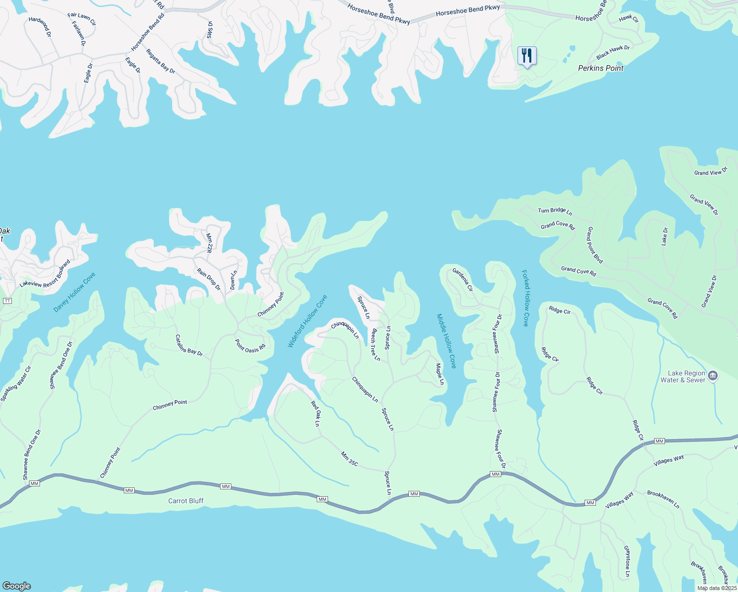 map of restaurants, bars, coffee shops, grocery stores, and more near 253-399 Buckeye Lane in Sunrise Beach