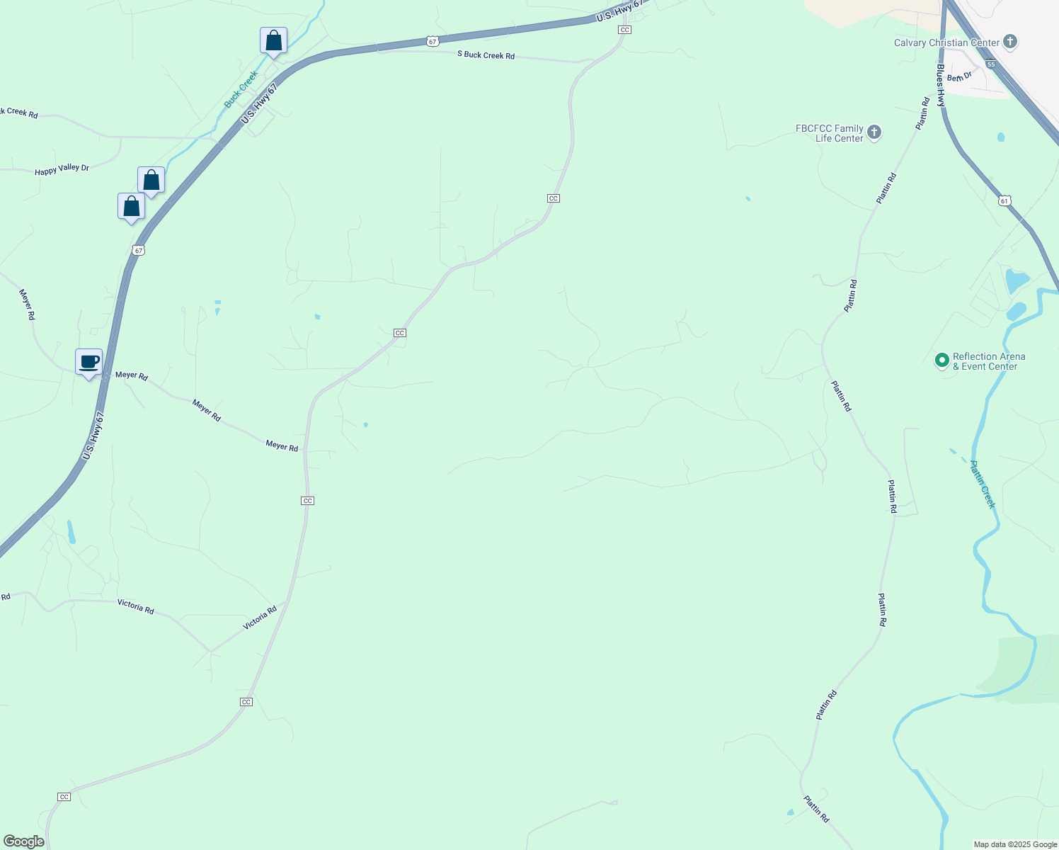 map of restaurants, bars, coffee shops, grocery stores, and more near 1065 Maple Ridge Road in Festus