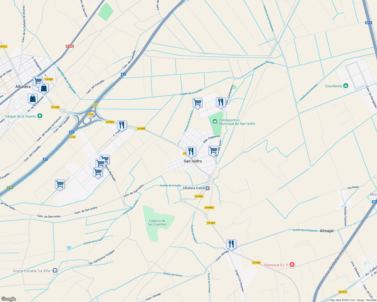 map of restaurants, bars, coffee shops, grocery stores, and more near 1 Calle José Pastor in San Isidro
