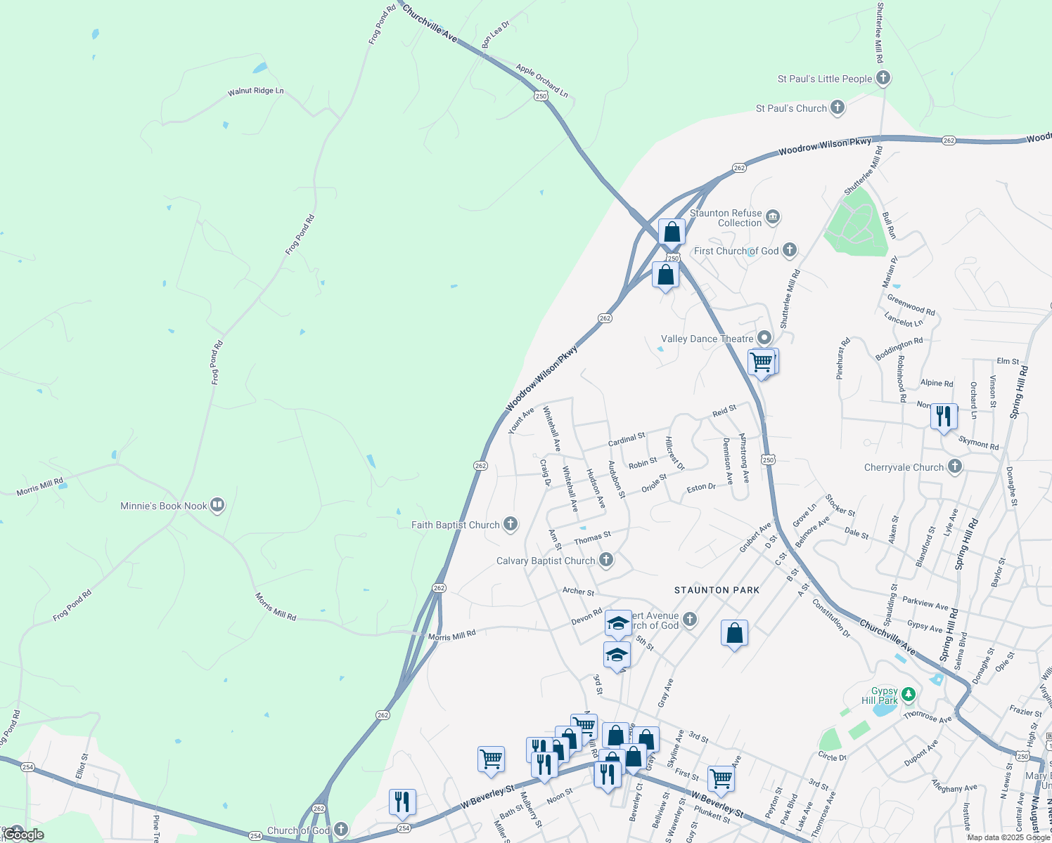 map of restaurants, bars, coffee shops, grocery stores, and more near 316 Yount Avenue in Staunton