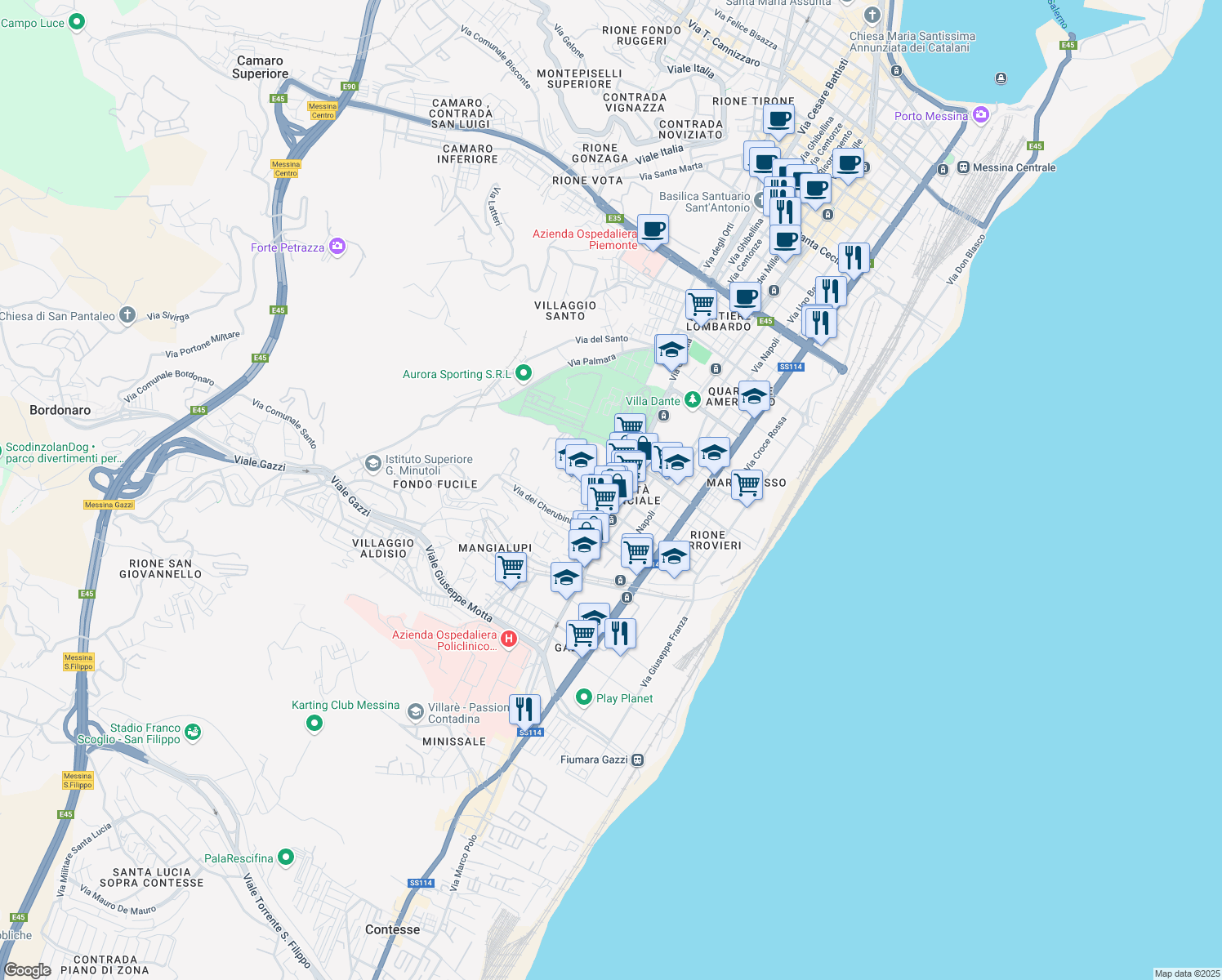 map of restaurants, bars, coffee shops, grocery stores, and more near 13 Via Giuseppe Bottone in Messina