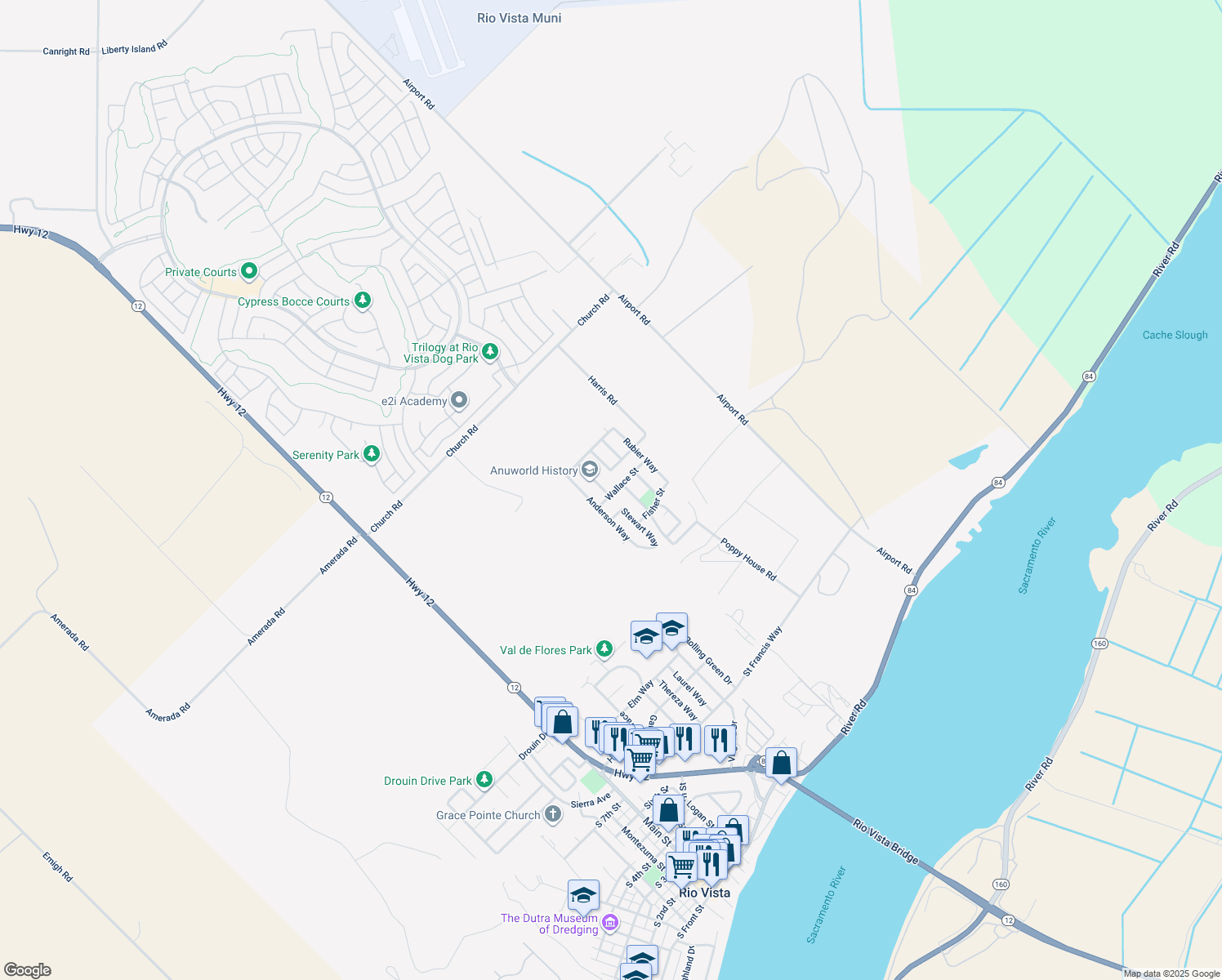 map of restaurants, bars, coffee shops, grocery stores, and more near 674 Christensen Way in Rio Vista