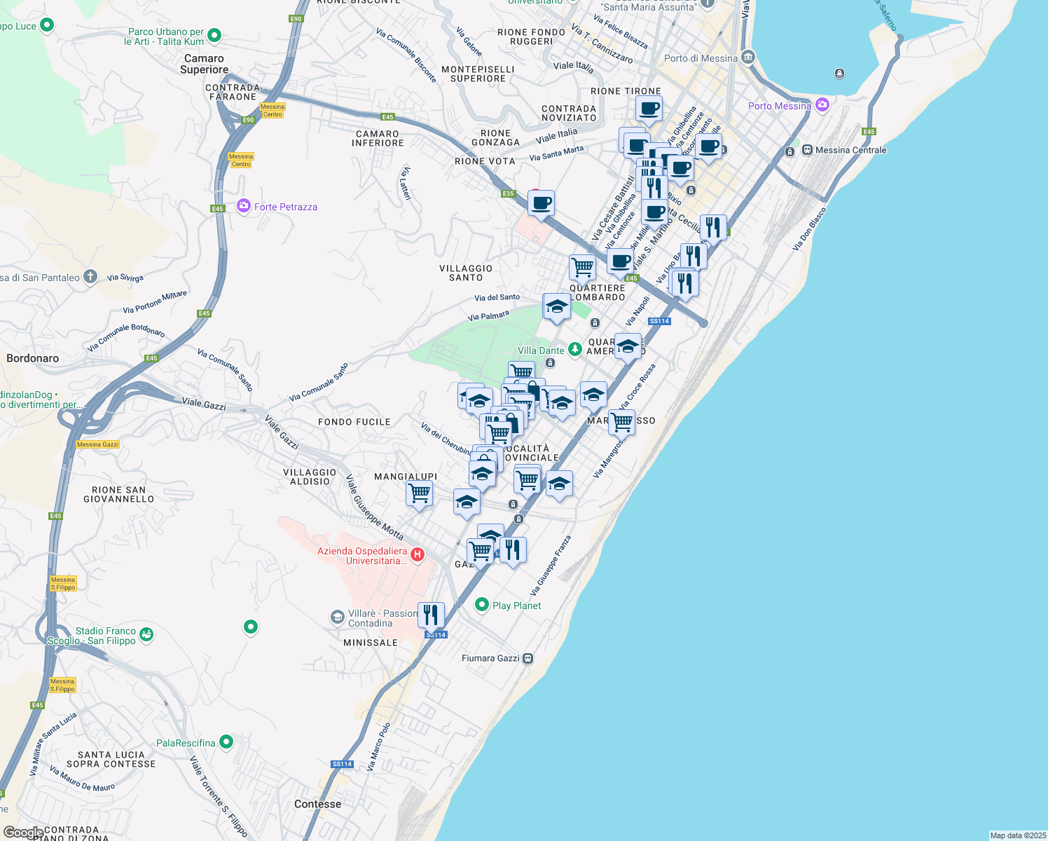map of restaurants, bars, coffee shops, grocery stores, and more near 13 Via Giuseppe Bottone in Messina