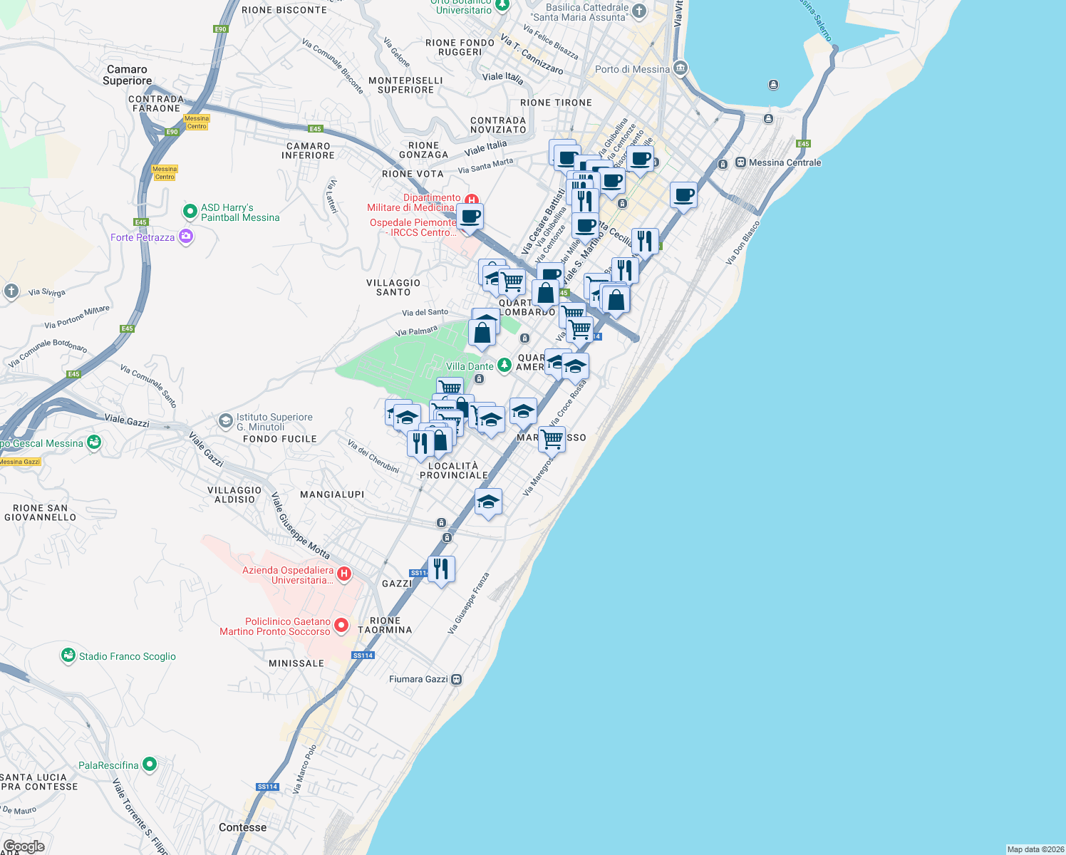 map of restaurants, bars, coffee shops, grocery stores, and more near Viale Roosevelt in Messina