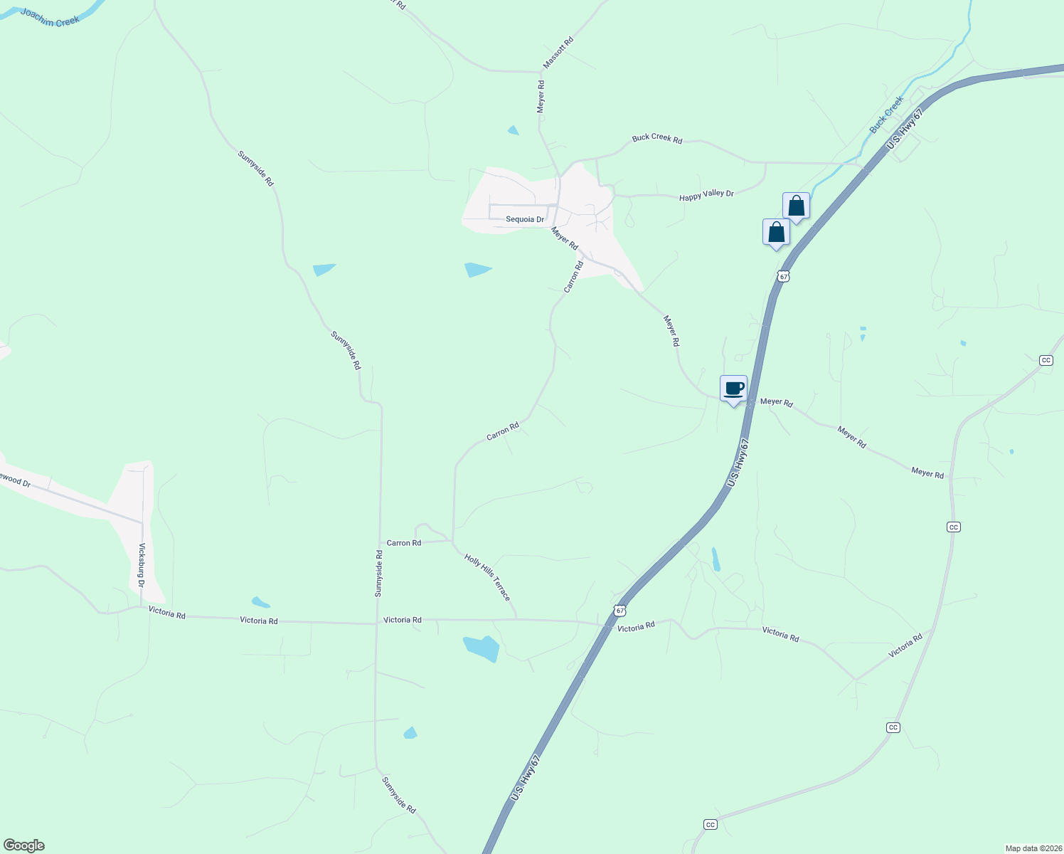 map of restaurants, bars, coffee shops, grocery stores, and more near 3077 Carron Road in Festus