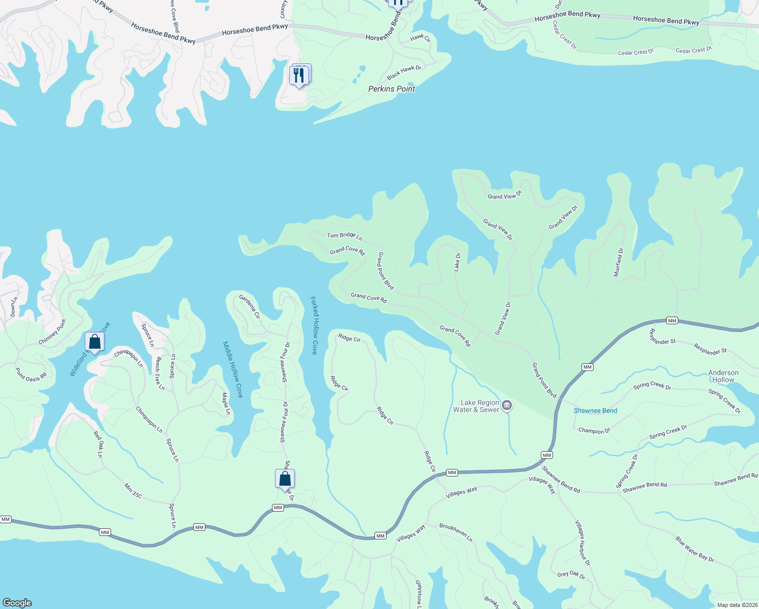 map of restaurants, bars, coffee shops, grocery stores, and more near 1-39 Grand Cove Drive in Sunrise Beach