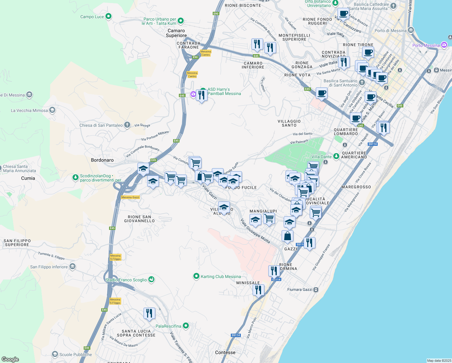 map of restaurants, bars, coffee shops, grocery stores, and more near 12 Via Anassagora in Messina