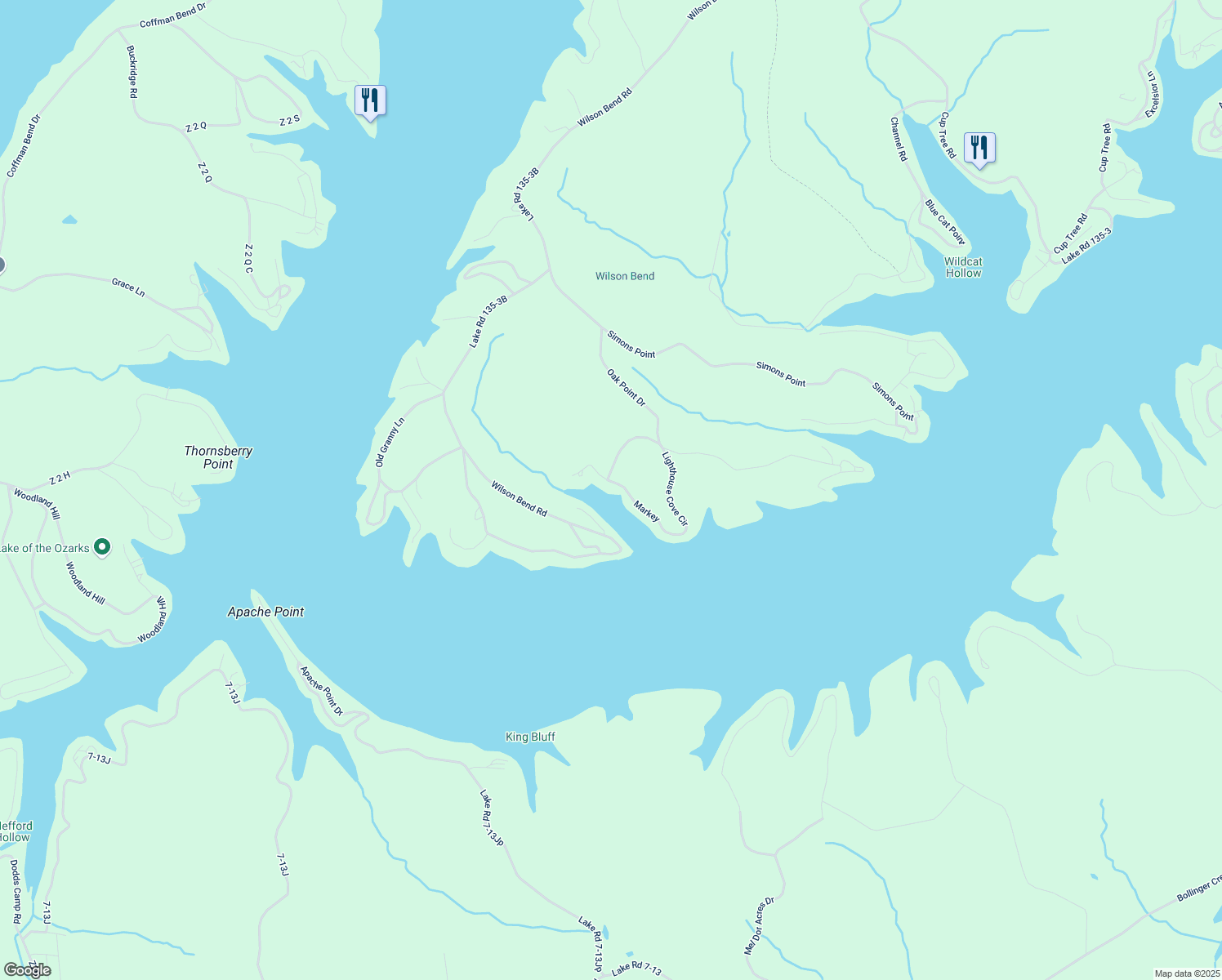 map of restaurants, bars, coffee shops, grocery stores, and more near 301-599 Lighthouse Cove Circle in Gravois Mills