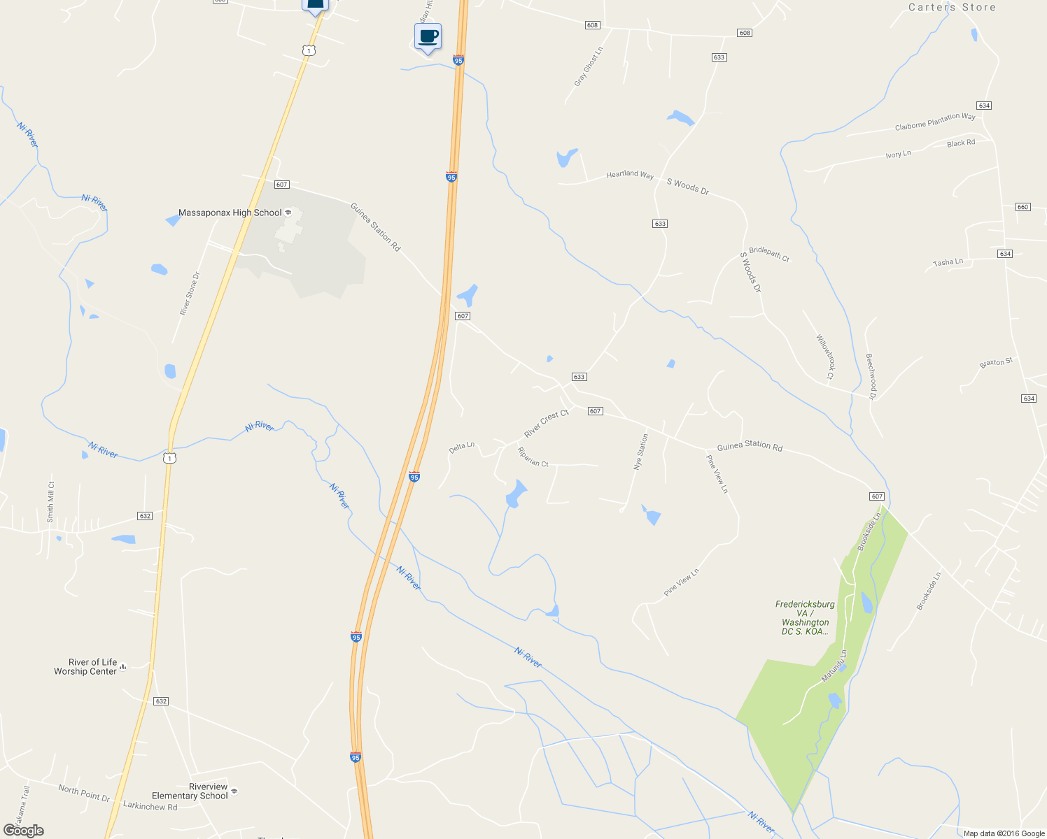 map of restaurants, bars, coffee shops, grocery stores, and more near 4713 River Crest Ct in Fredericksburg