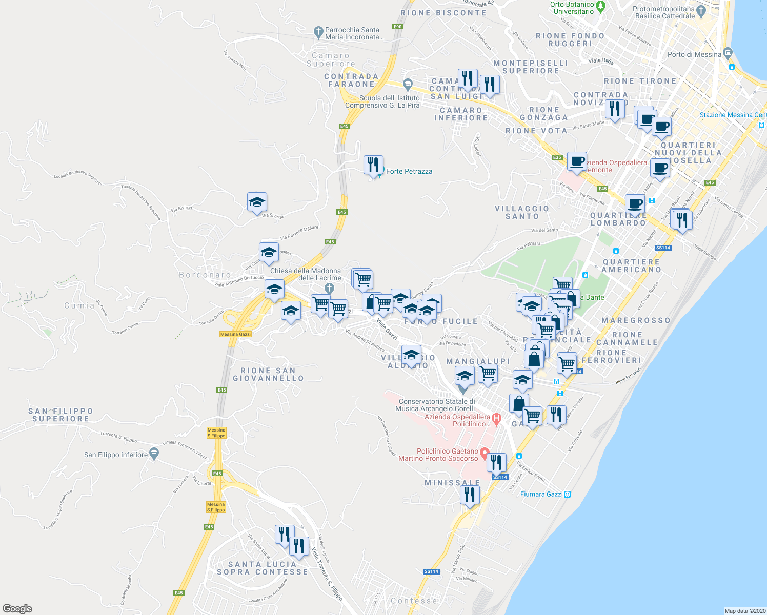 map of restaurants, bars, coffee shops, grocery stores, and more near 244 Via Comunale Santo in Messina
