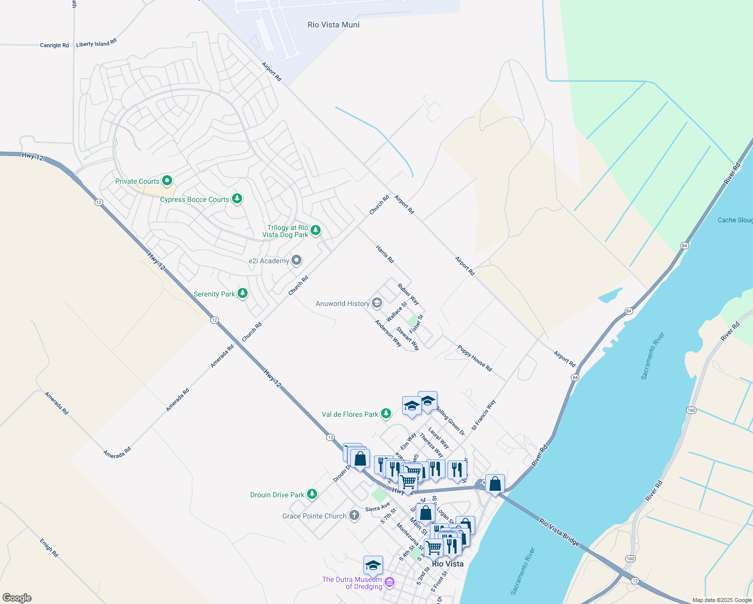 map of restaurants, bars, coffee shops, grocery stores, and more near 730 Christensen Way in Rio Vista