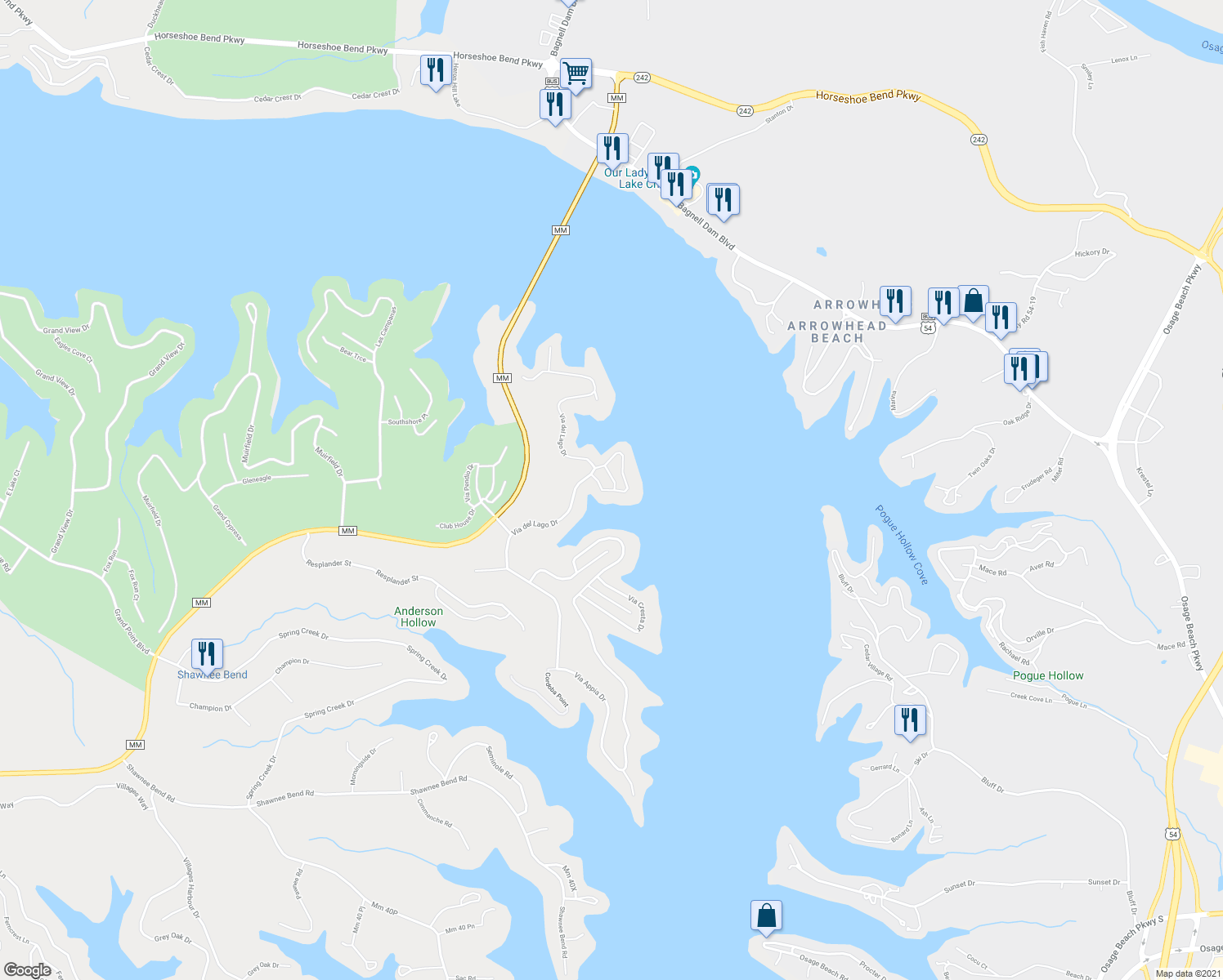 map of restaurants, bars, coffee shops, grocery stores, and more near Bello Point Drive in Sunrise Beach