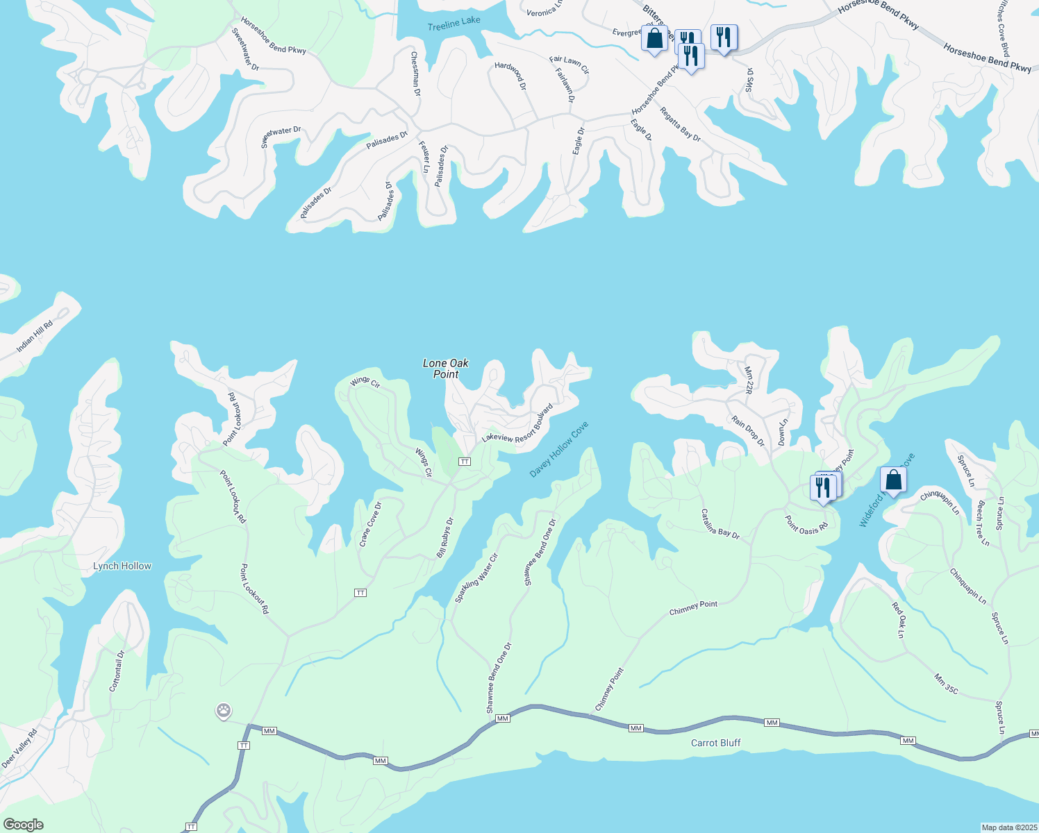 map of restaurants, bars, coffee shops, grocery stores, and more near Round About Drive in Sunrise Beach