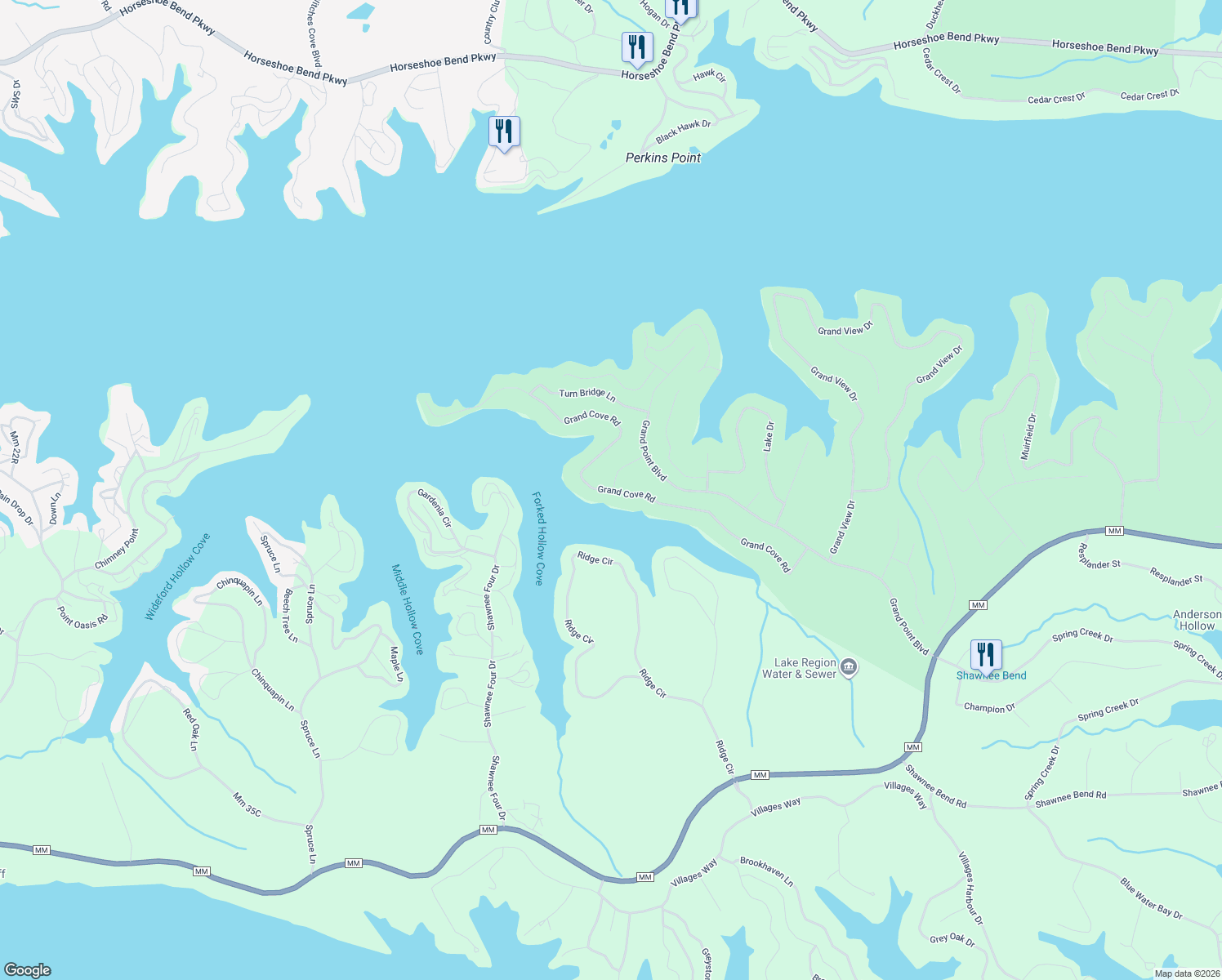 map of restaurants, bars, coffee shops, grocery stores, and more near 601 Grand Cove Road in Sunrise Beach