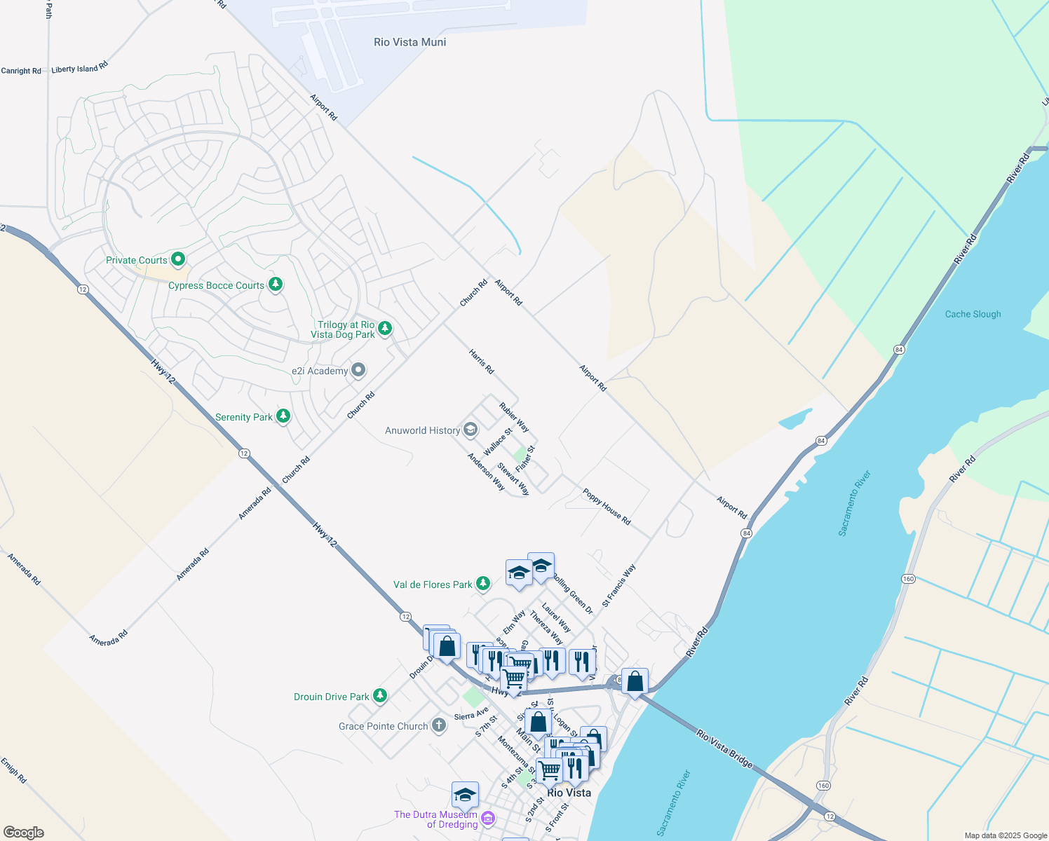 map of restaurants, bars, coffee shops, grocery stores, and more near 690 Rubier Way in Rio Vista