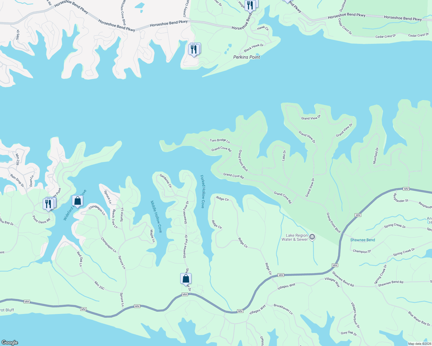 map of restaurants, bars, coffee shops, grocery stores, and more near 601-1499 Grand Cove Drive in Sunrise Beach