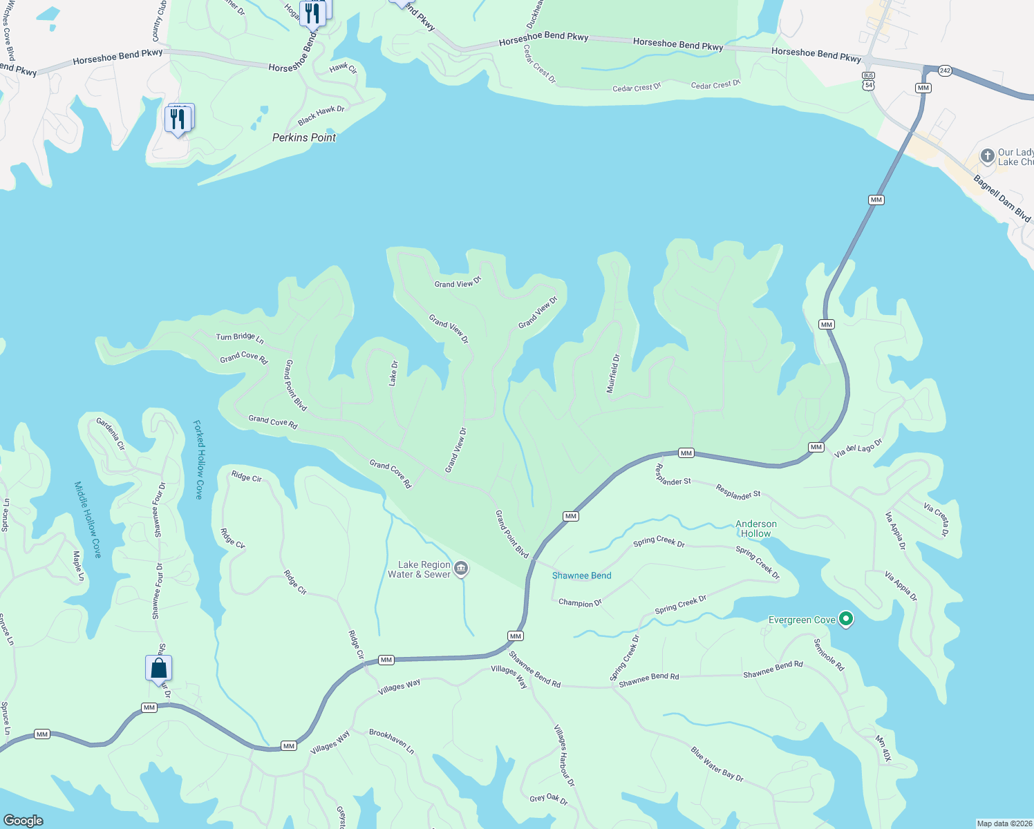 map of restaurants, bars, coffee shops, grocery stores, and more near Muirfield Drive in Sunrise Beach