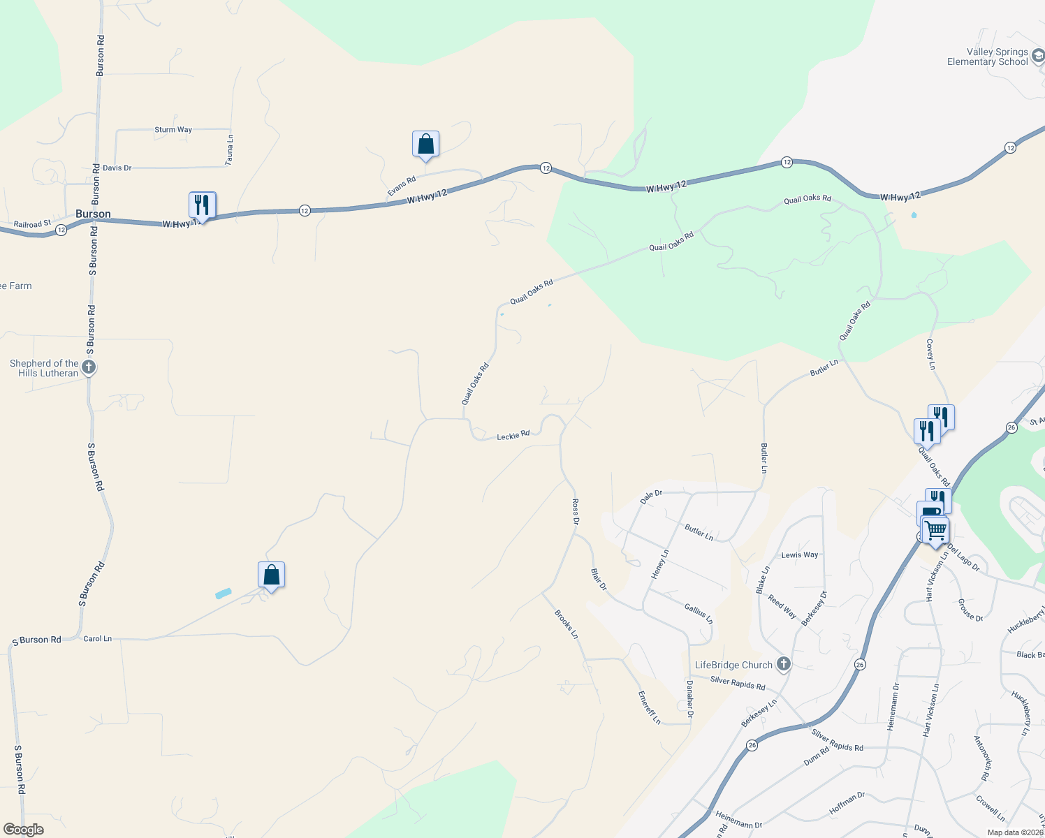map of restaurants, bars, coffee shops, grocery stores, and more near 3290 Leckie Road in Valley Springs