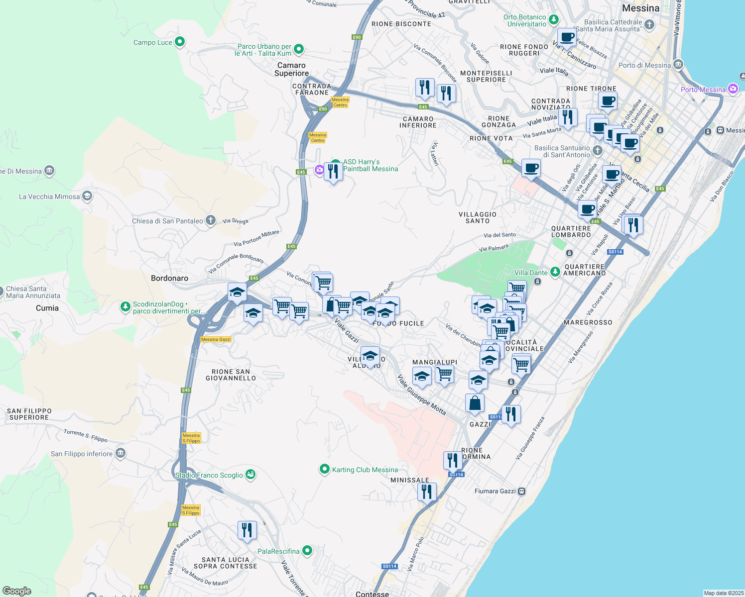 map of restaurants, bars, coffee shops, grocery stores, and more near 12 Via Anassagora in Messina
